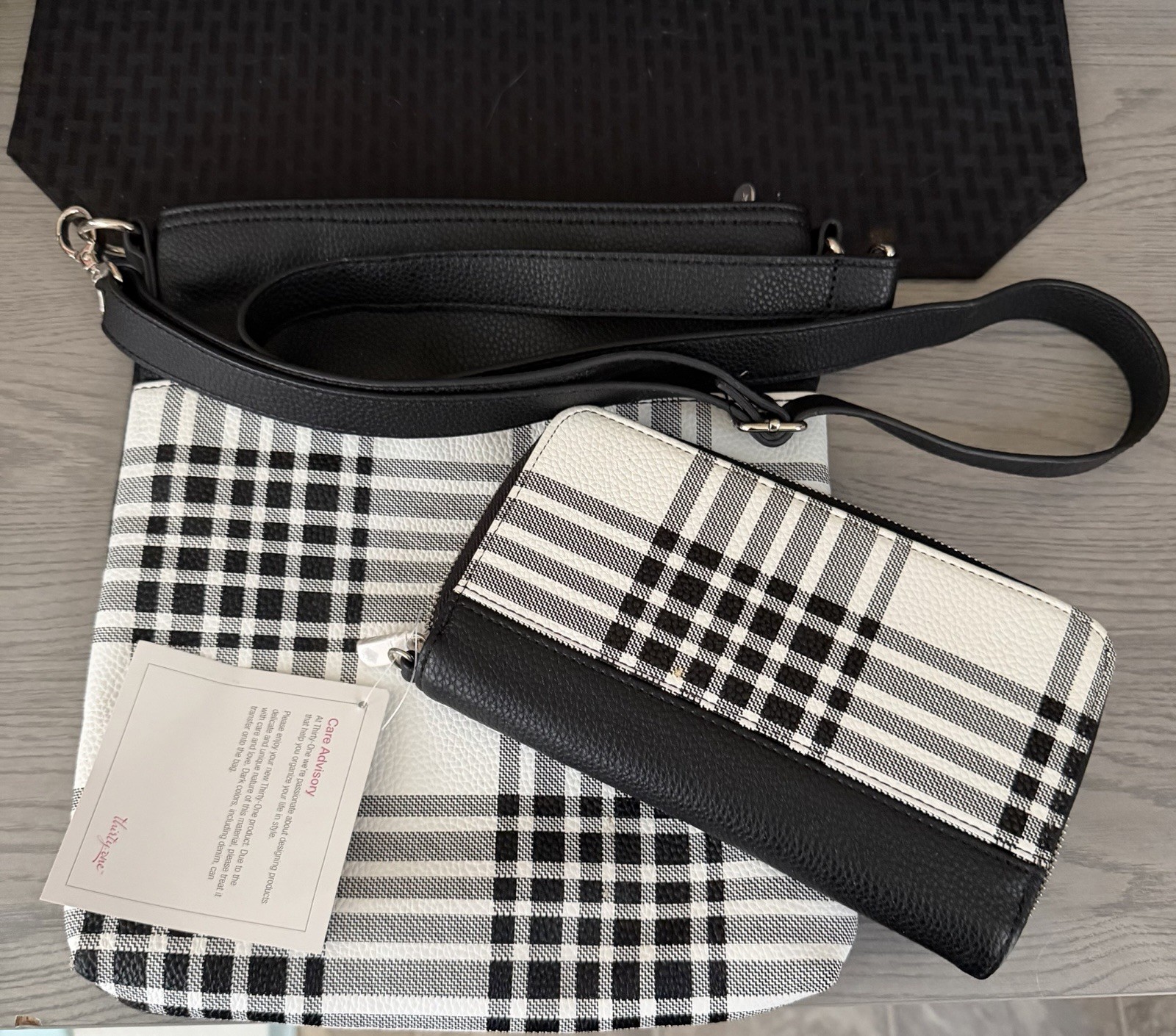 Thirty-One Plaid Crossbody Purse Matching Zip Wallet Black White NWT Adjustable