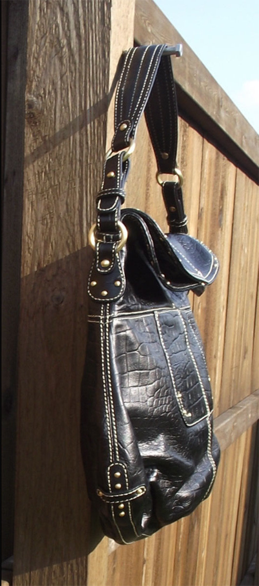 MAXX NY BLACK CROCODILE EMBOSSED GENUINE LEATHER GOLD STUD HANDBAG 16X13 NEW