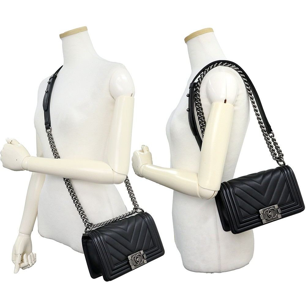 CHANEL Boy Chanel Small Chevron Chain Shoulder Bag Calfskin, Black A67085