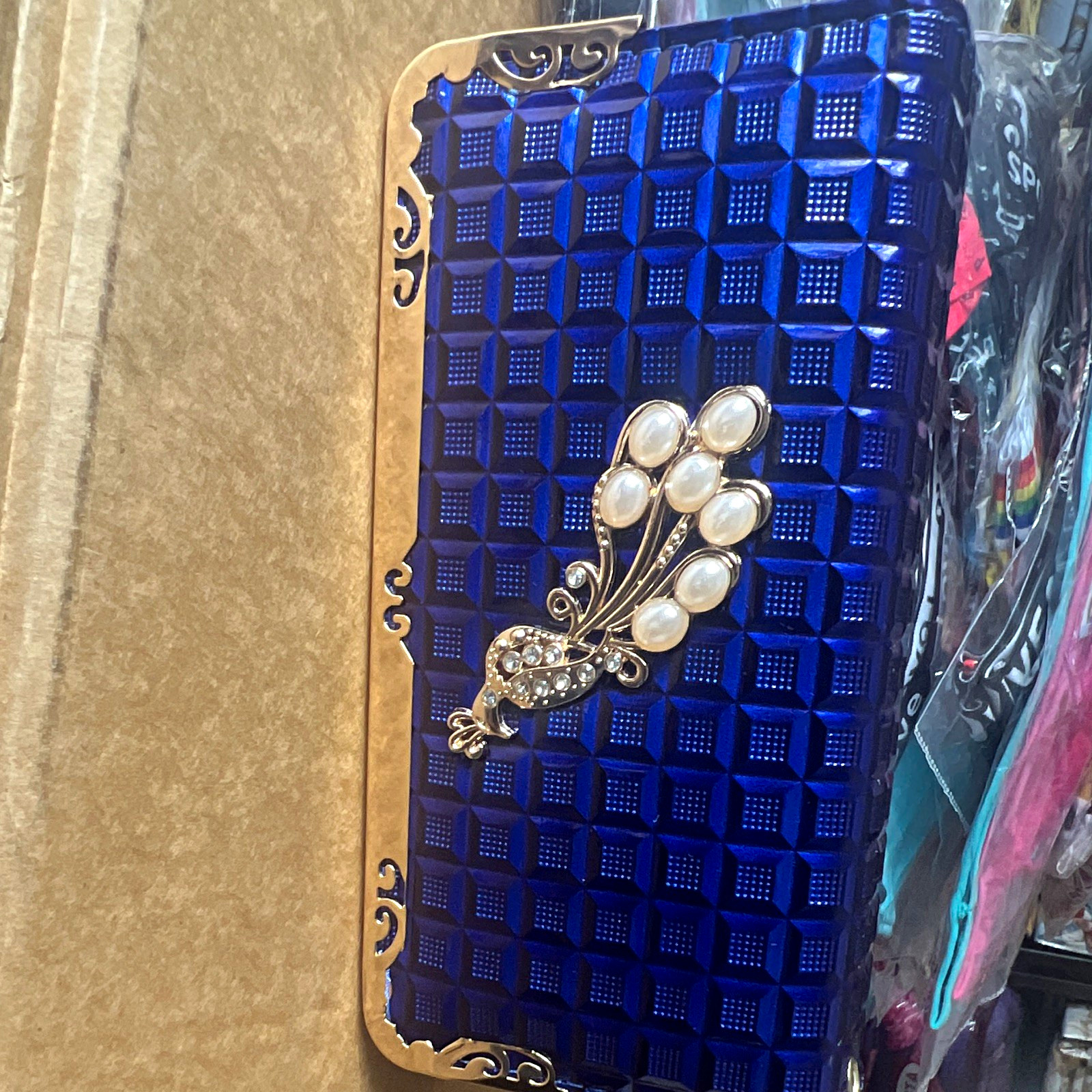 Blue Textured Geometric Clutch, Pearl Rhinestone Accent, Silver Chain Strap