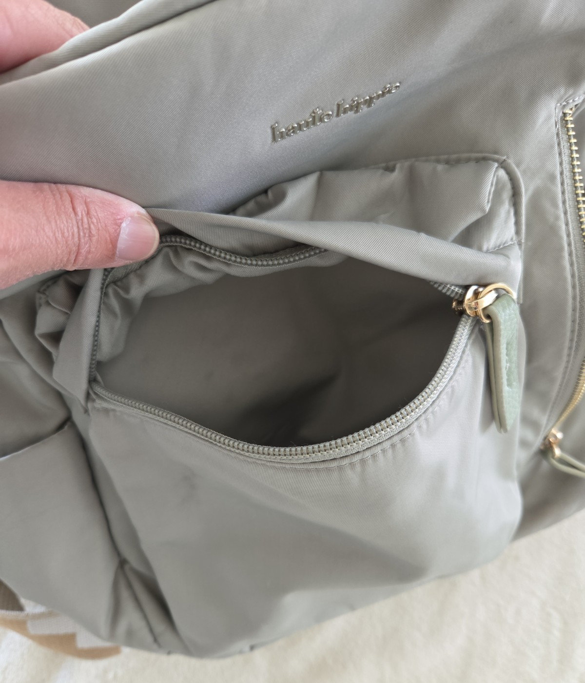 Haute Hippie On The Go Backpack Gray Green Nylon Diaper Bag Zip Pockets Zipper