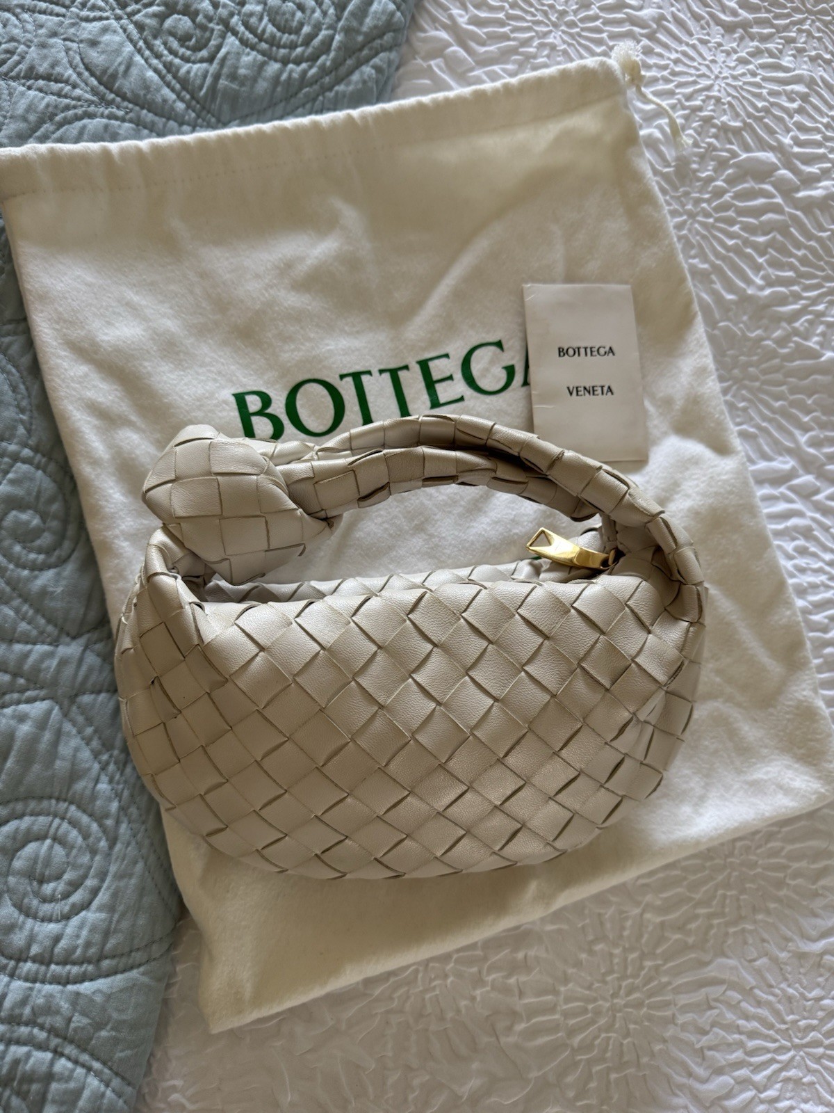 Authentic Bottega Veneta Mini Jodie Intreccio Leather Hobo Bag White Chalk Gold