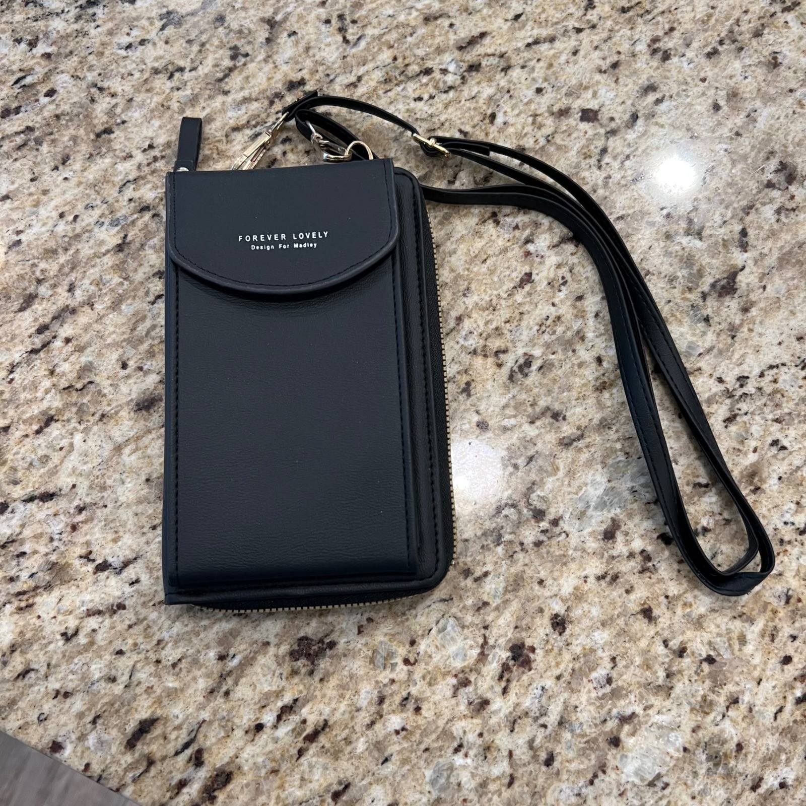 Forever Lovely Black Cell Phone Purse Crossbody Wallet Vegan Leather Gold Zip