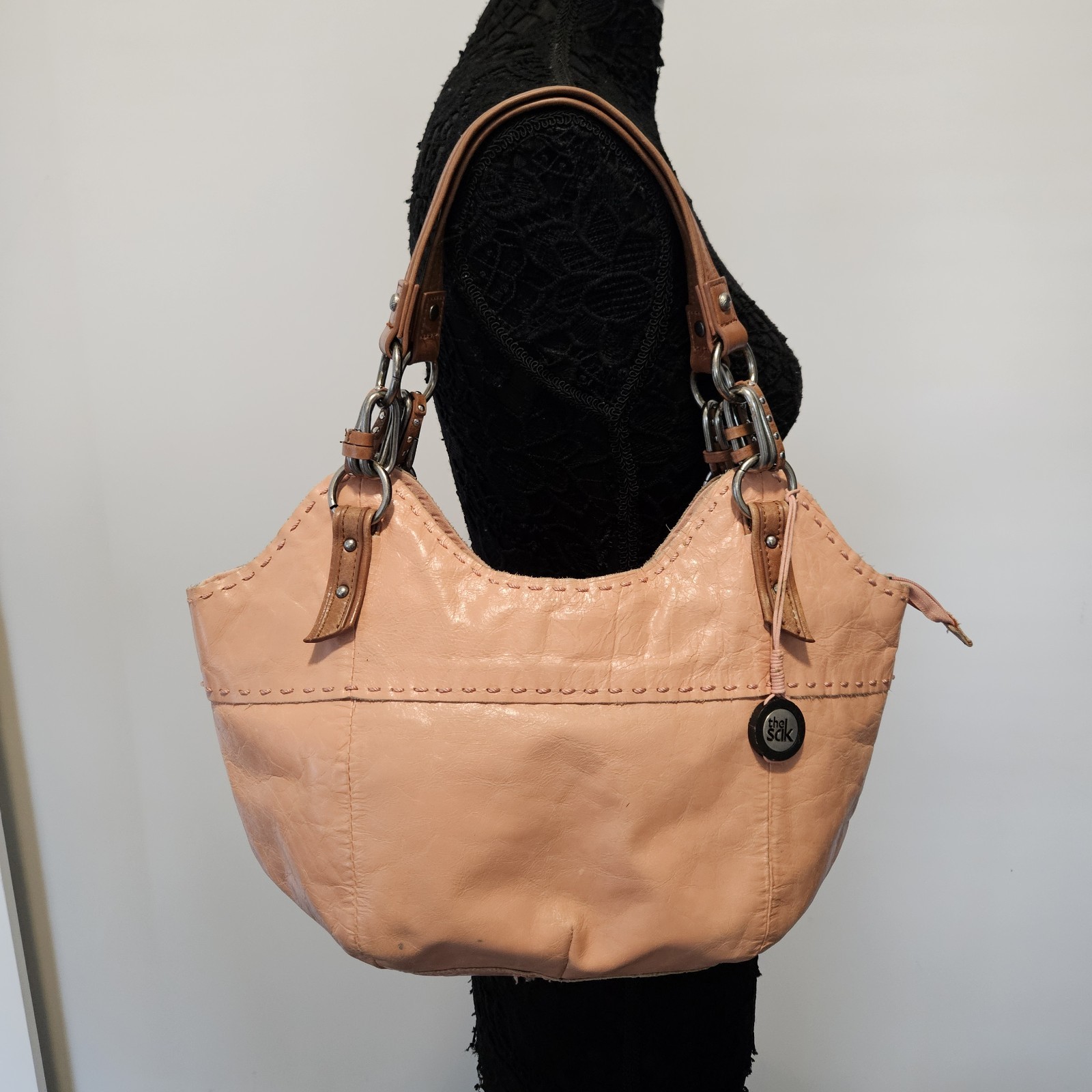 THE SAK 16″ Solid Pink Leather Bag Vintage Brown Strap Handbag Purse + Pockets