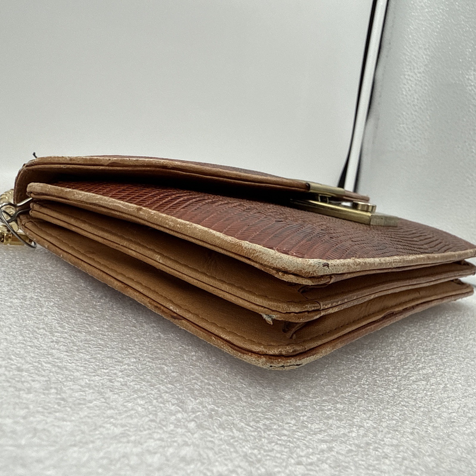 Vintage Brown Snakeskin Leather Clutch Shoulder Bag Gold Chain Evening Purse
