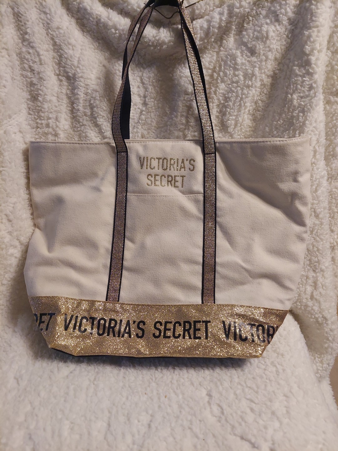 VICTORIA’S SECRET OFF WHITE GOLD GLITTER & BLACK TRIM CANVAS TOTE BAG