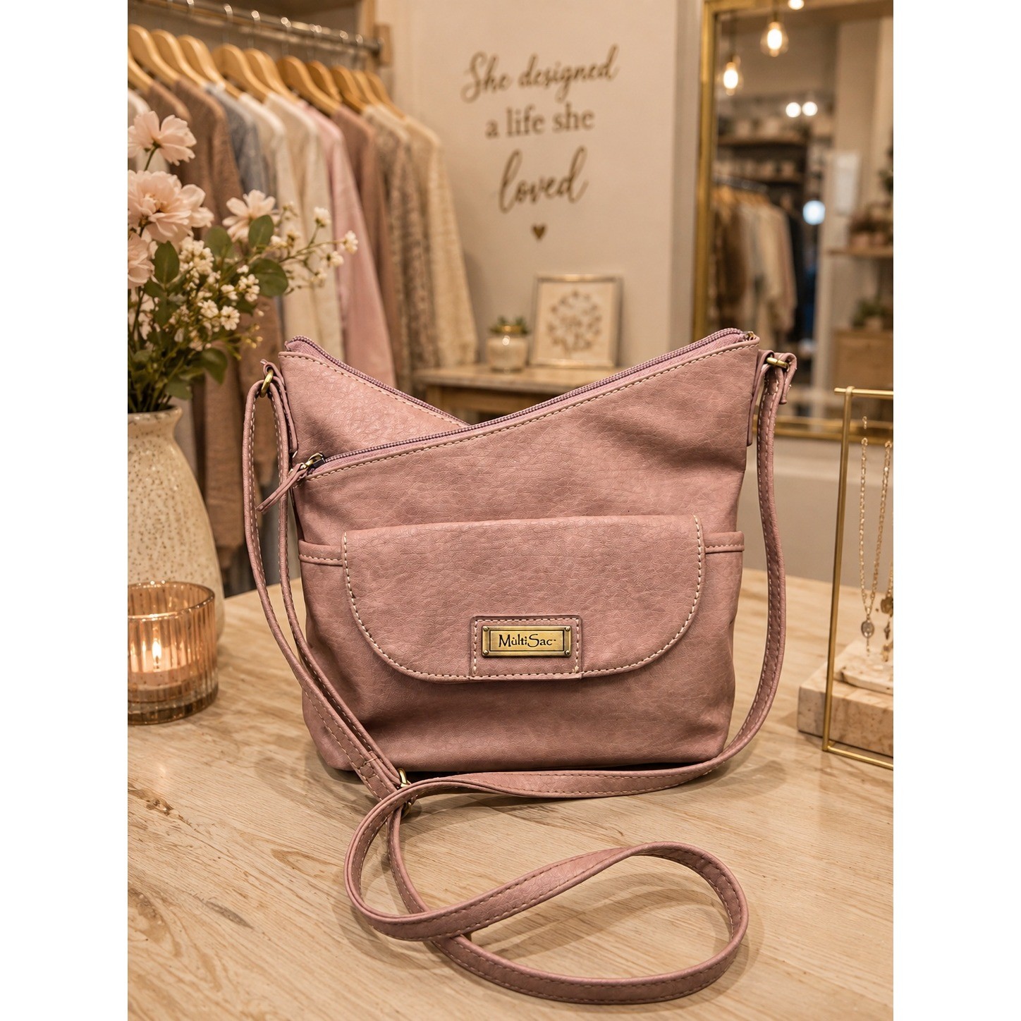 MultiSac Pink Crossbody Shoulder Bag Multi Pocket Organizer Purse