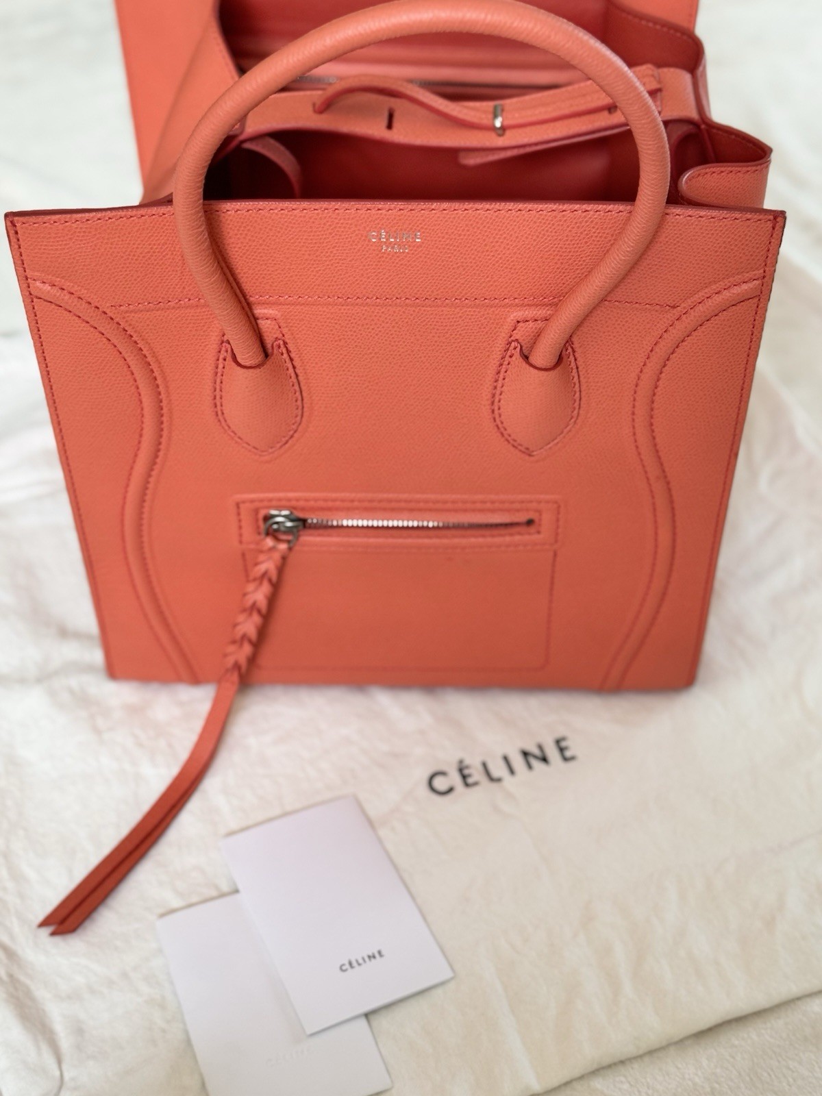 100% AUTHENTIC CELINE Luggage Phantom Bag in Coral Orange – Grained Leather