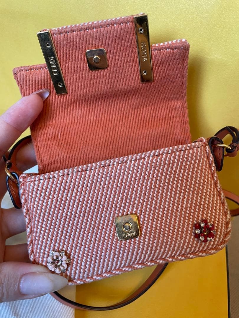 FENDI Nano Baguette Charm Orange Denim Floral Bead Crossbody Mini Bag 3.94 inch