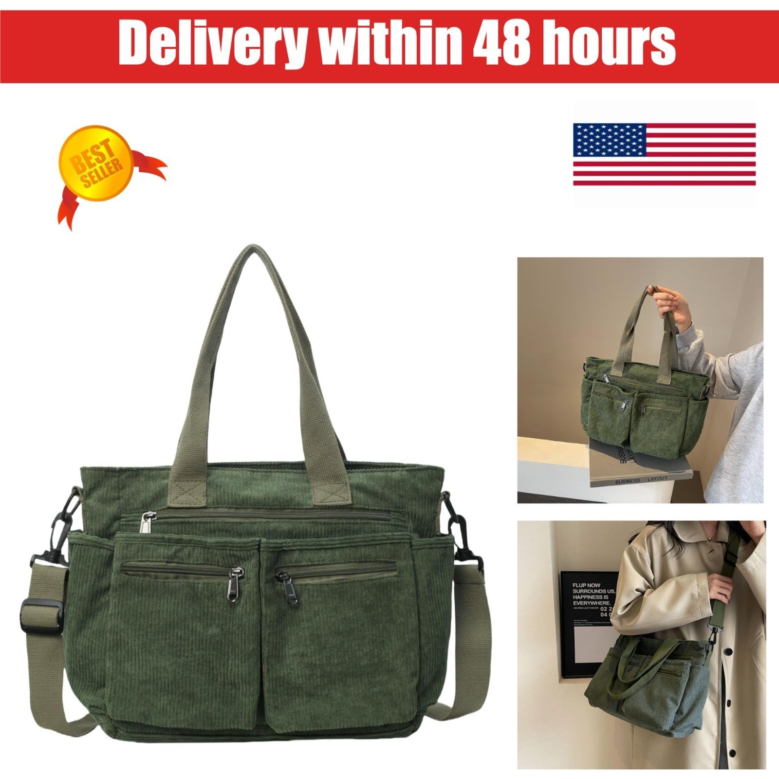 Motesun Corduroy Tote Bag Women Large Shoulder Messenger 10 Pockets