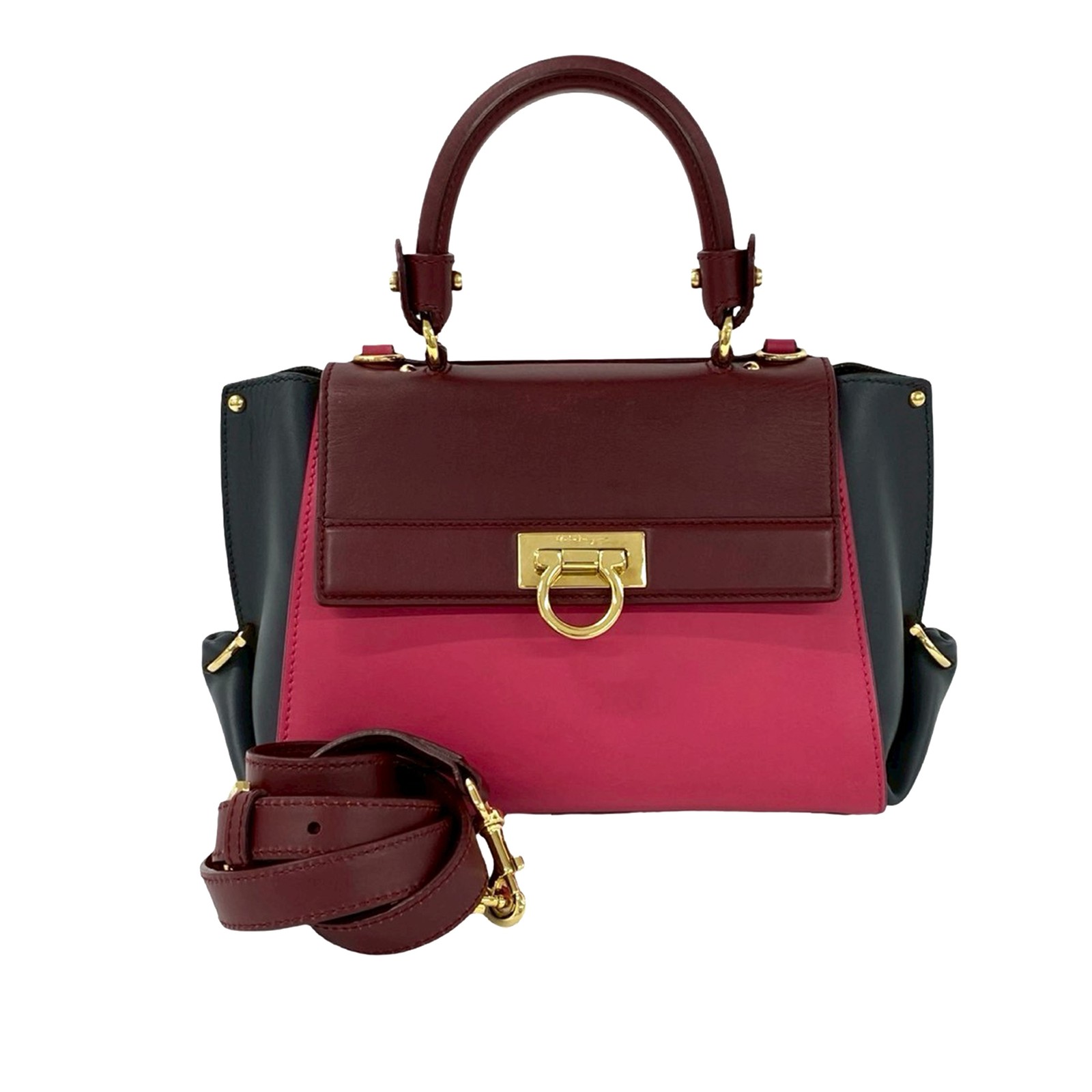 Ferragamo Small Tricolor Leather Gancini Sofia Satchel Pre-Loved Hot Pink