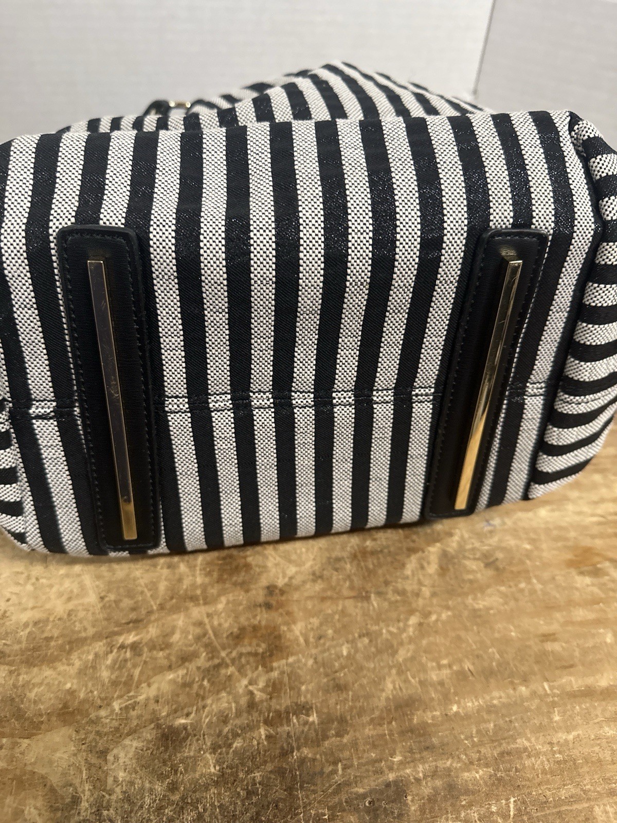 Céline Dion Striped Fabric Handbag Wood Handles Black Tassel Satchel