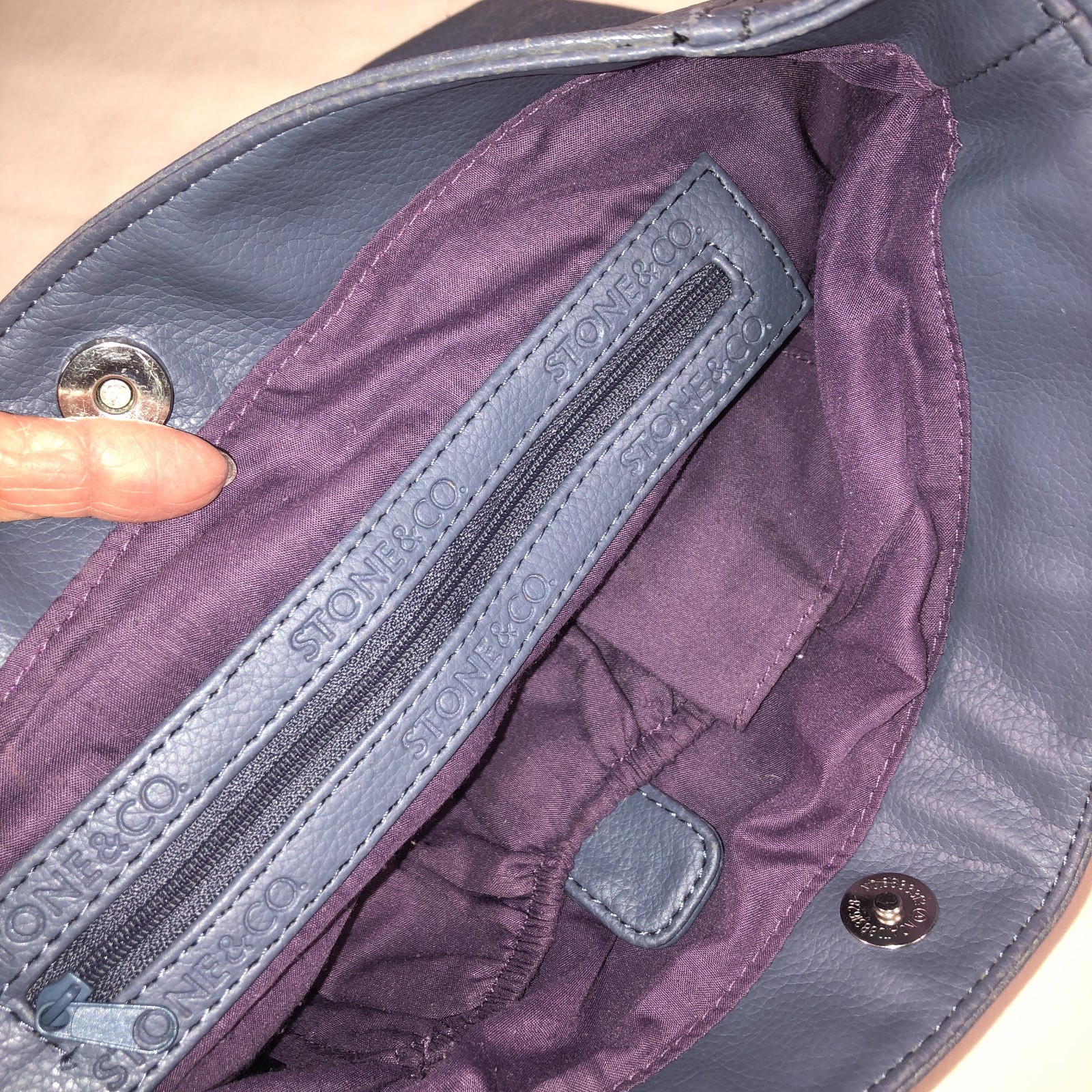 Stone & Company Blue Gray pebbled Leather Bucket shoulder bag, pockets