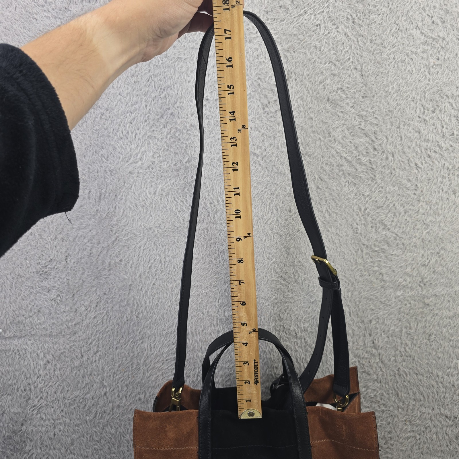 FOSSIL Carmen Shopper Brown Black SUEDE Leather Crossbody Tote Purse