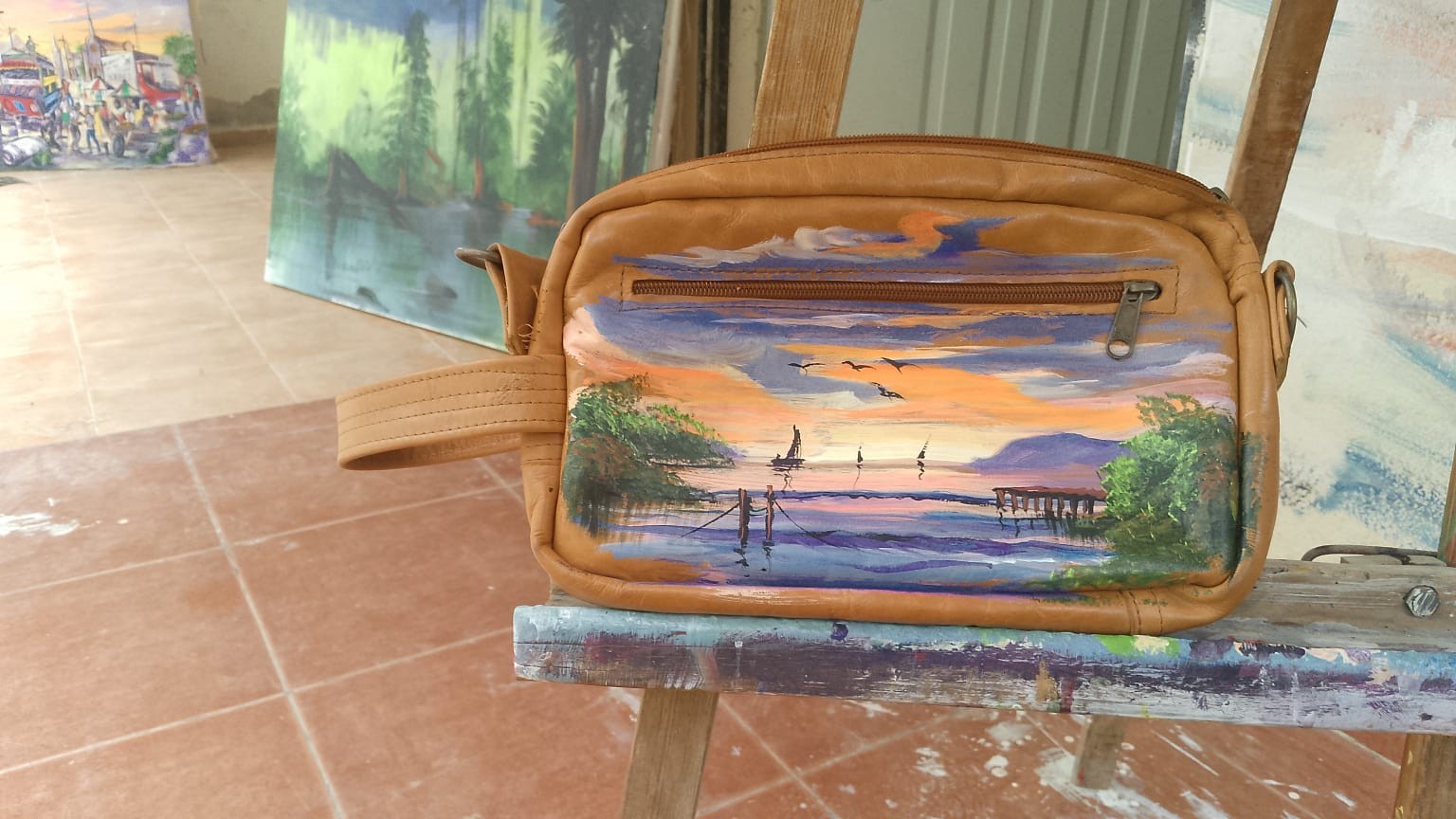 Haiti Inspired Hand Painted Brown Crossbody Bag Zip