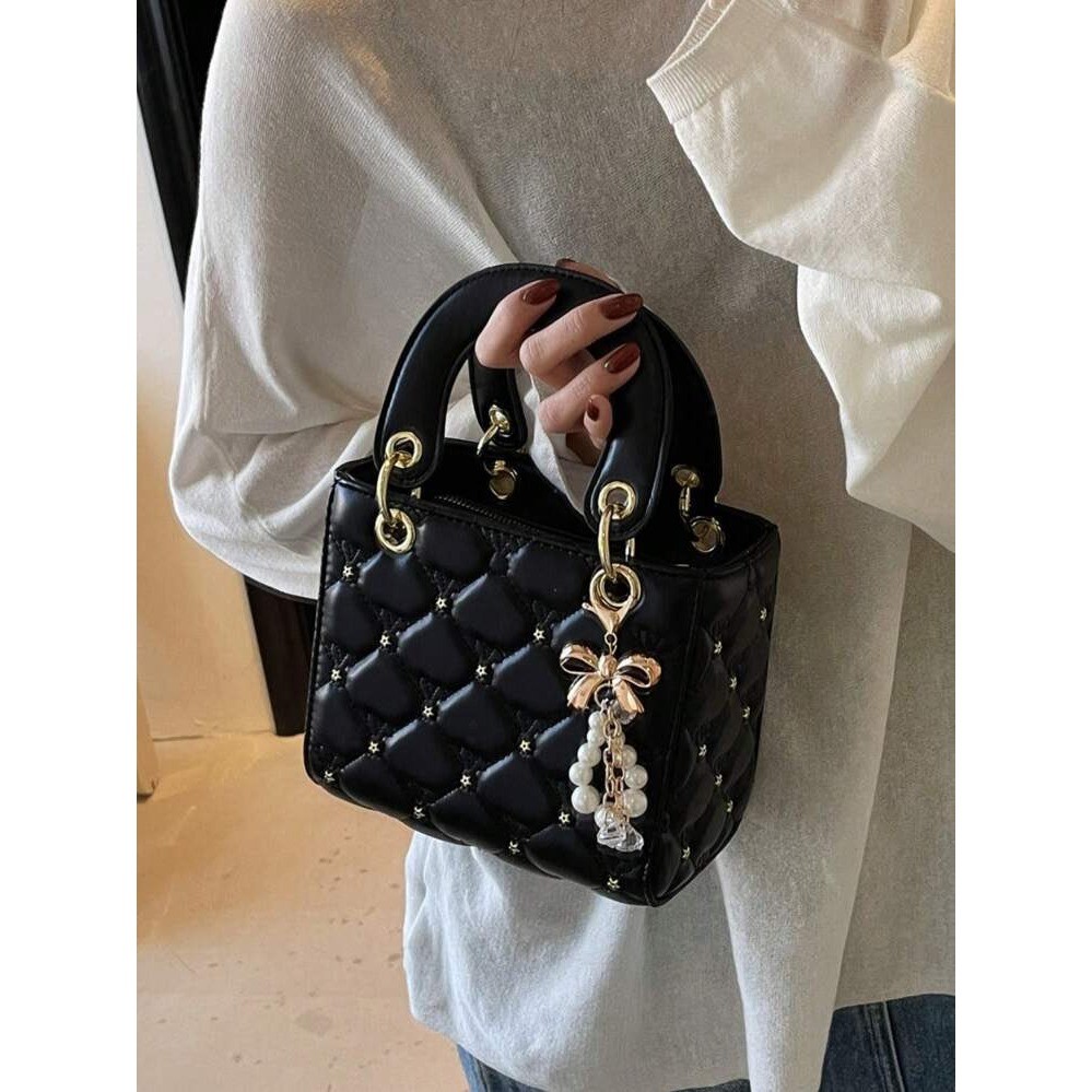 Black Quilted Mini Handbag Gold Star Studded Top Handle Bag with Pearl Charm