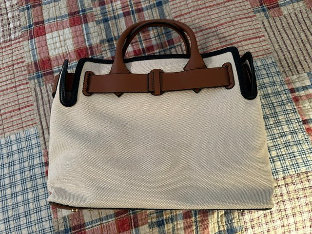 Burberry Medium White and Brown Logo Canvas Satchel HandBag Pre-Owned