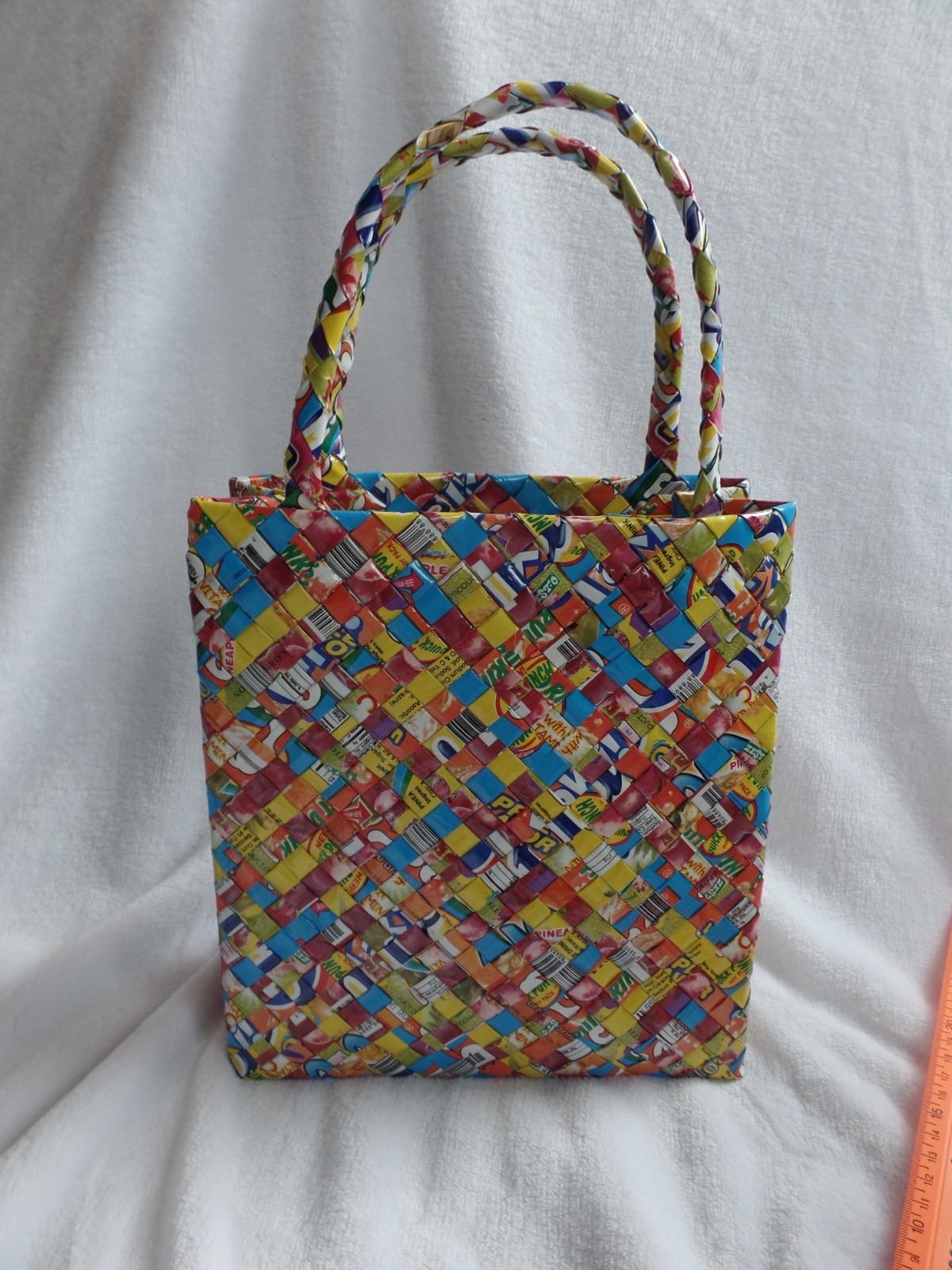 Handmade Recycled Wrapper Woven Tote Bag, Multicolor, Eco-Friendly