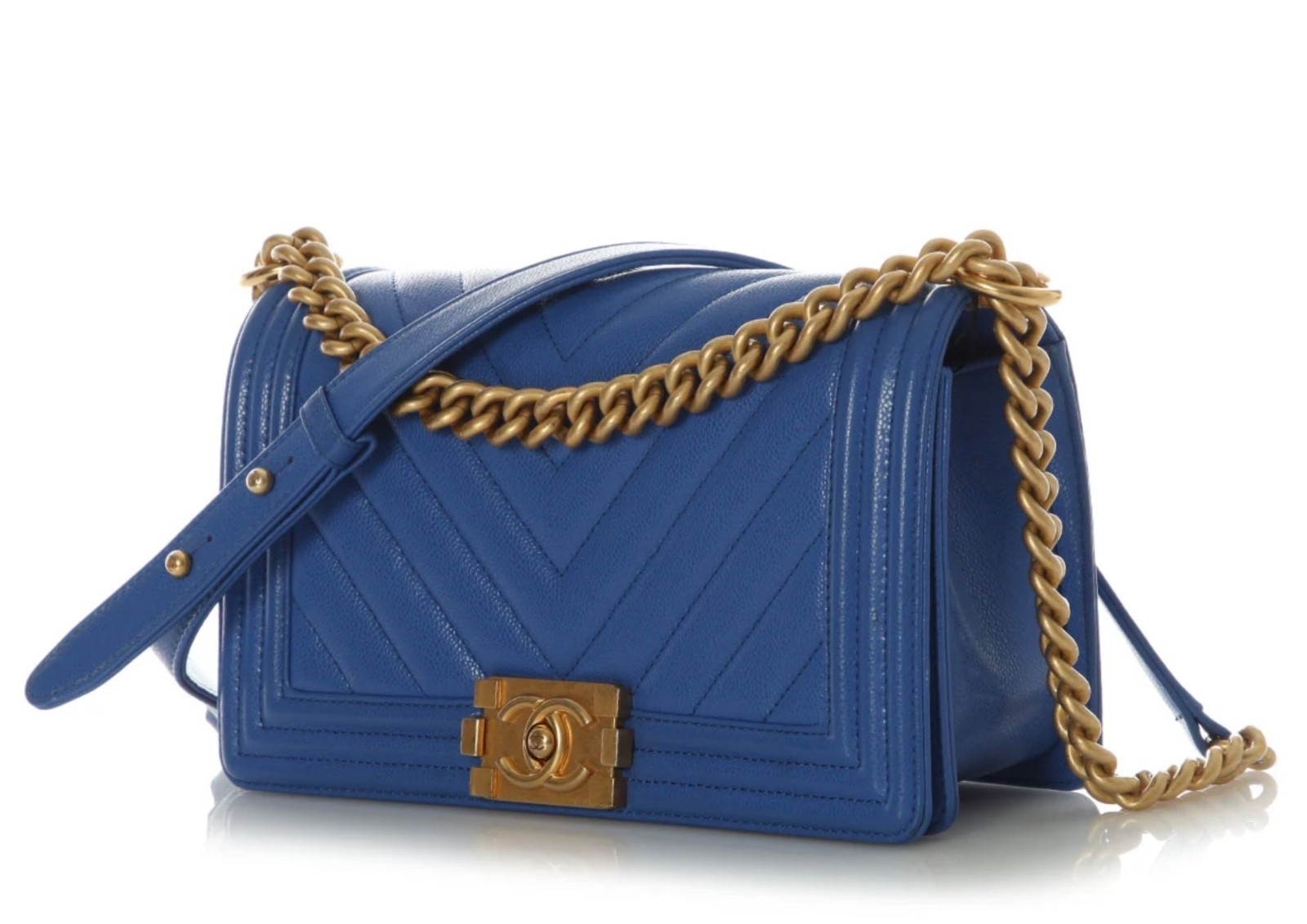 AUTHENTIC CHANEL OLD MEDIUM BOY BAG, CHEVRON-QUILTED CAVIAR — Preowned — 2024