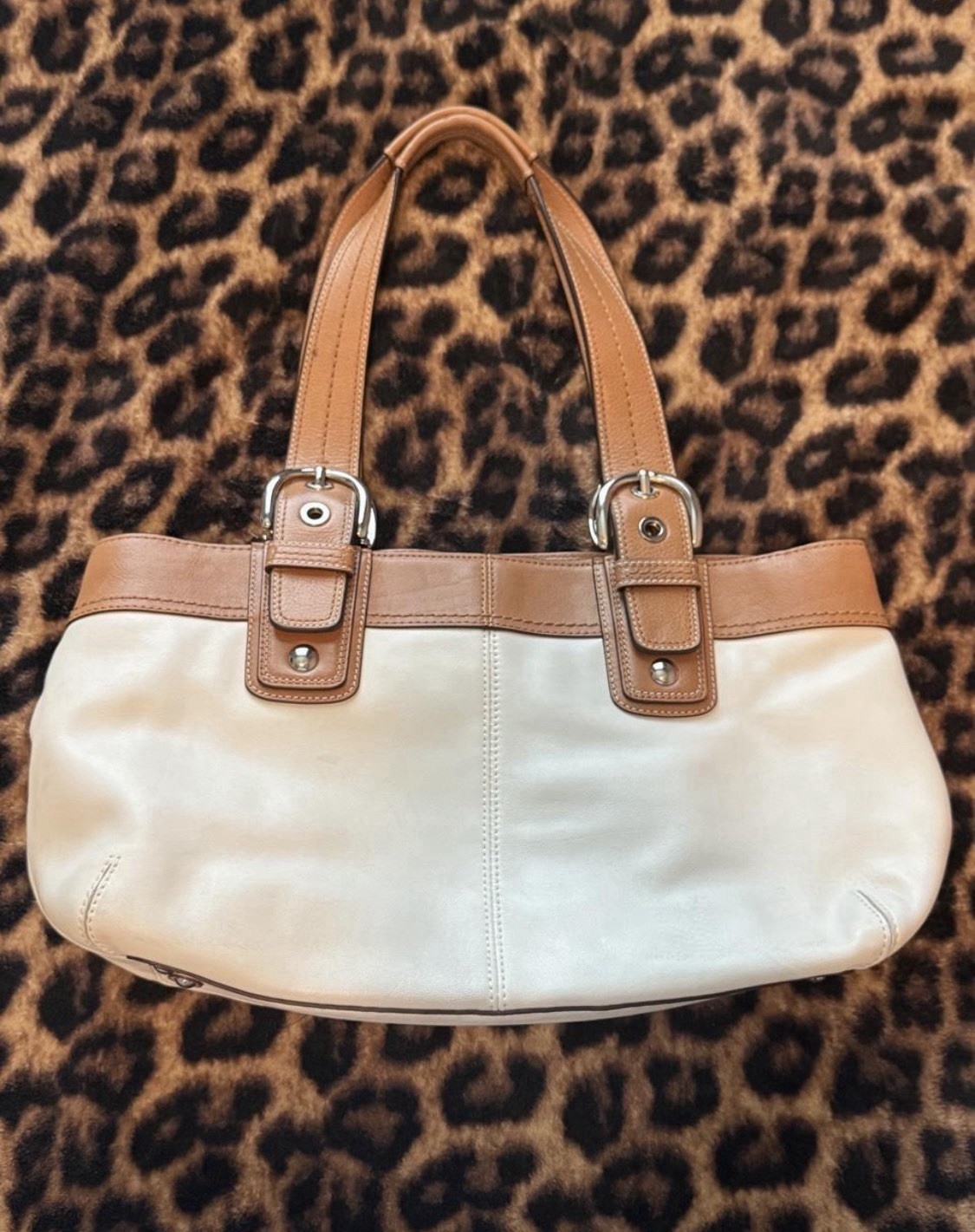 Coach White/Brown Shoulder Bag Zip Double Handles Teddy Bear Charm Silver