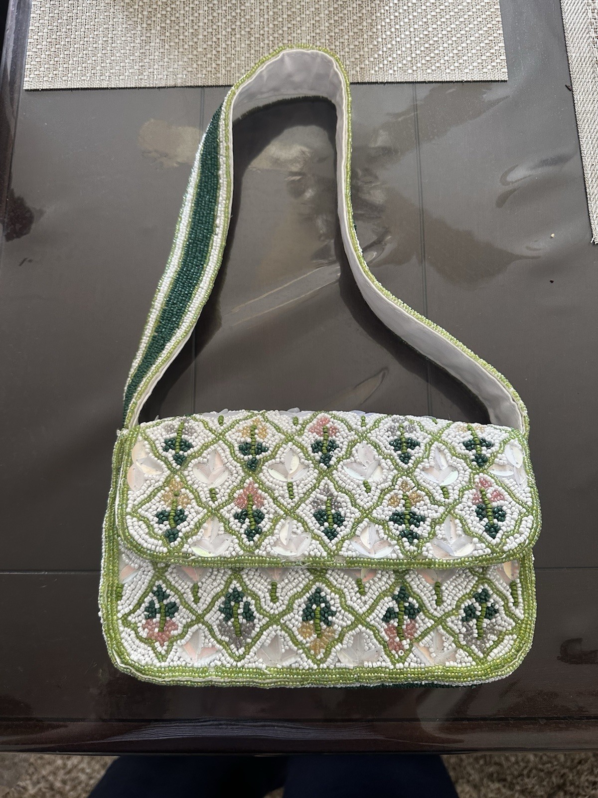 VIRAL White & Green Beaded FLOWER Shoulder Bag
