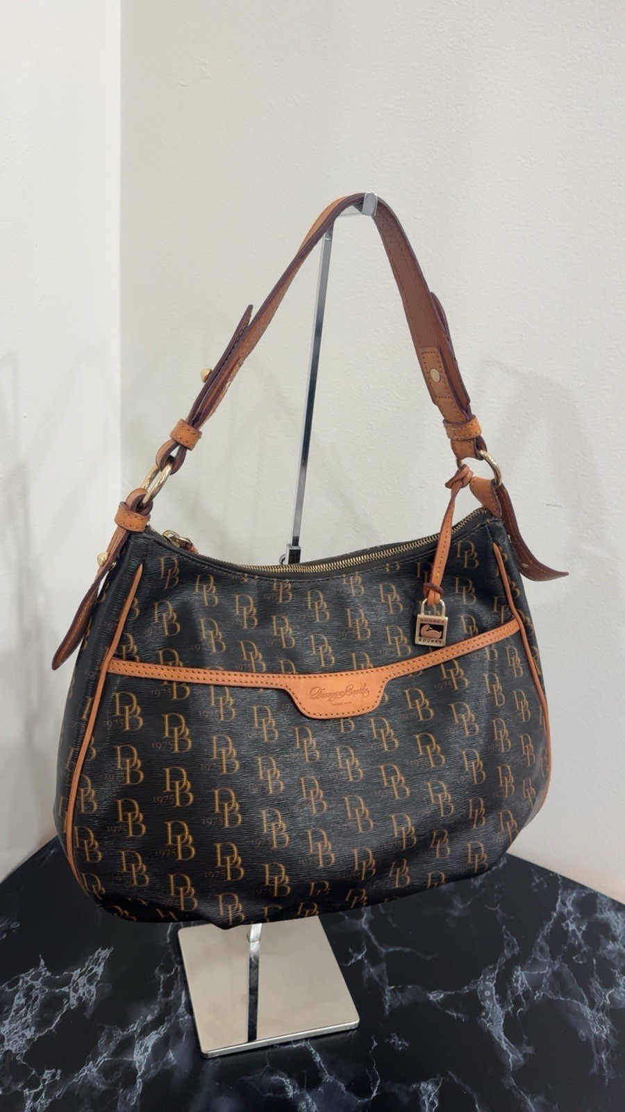 Dooney & Bourke Handbag Brown Logo Hobo with Tan Trim AUTHENTIC