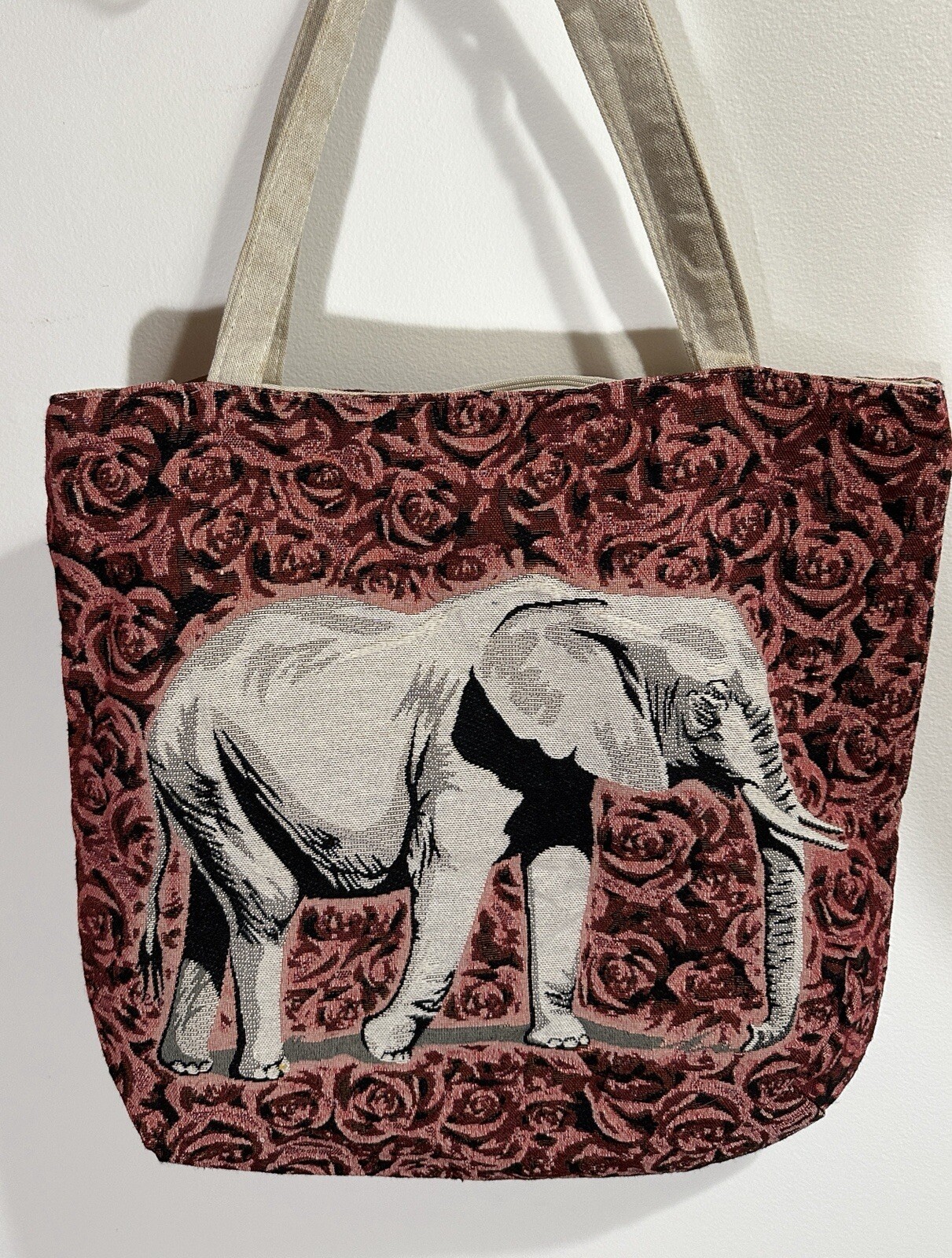 Large Gray Elephant Woven Tote Vegan Sri Lanka Eco Friendly Rose Background NWT