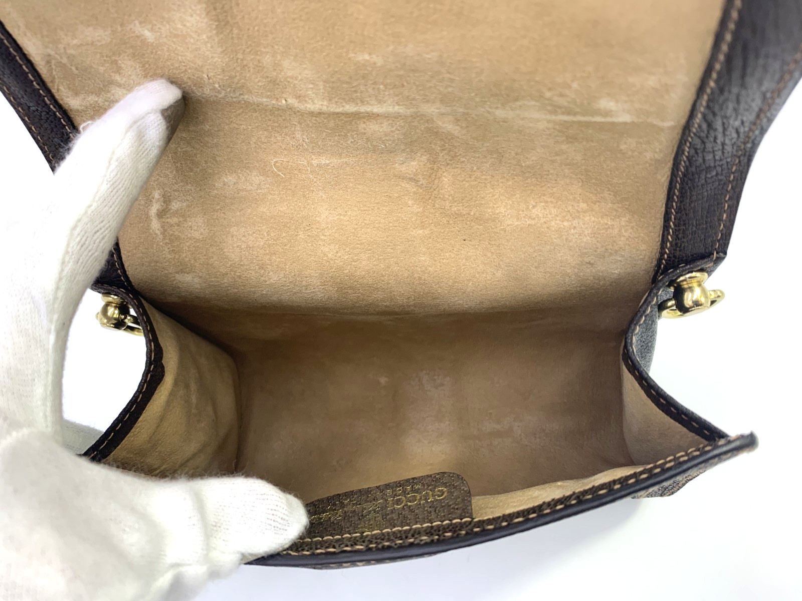 GUCCI VINTAGE GG Supreme Shoulder Bag Web Stripe Brown Small Classic Authentic