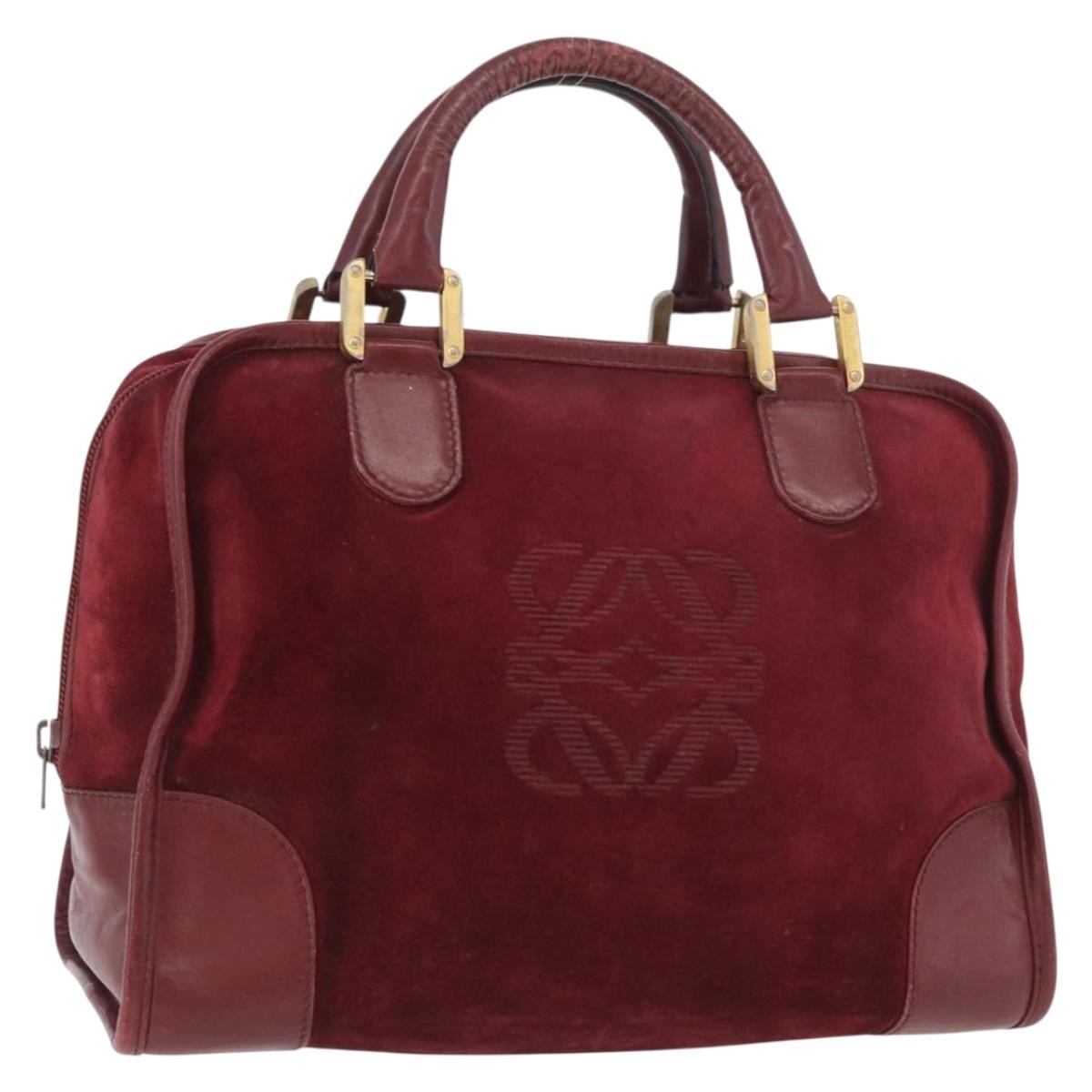LOEWE Anagram Hand Bag Suede Leather Bordeaux Gold Auth bs34369