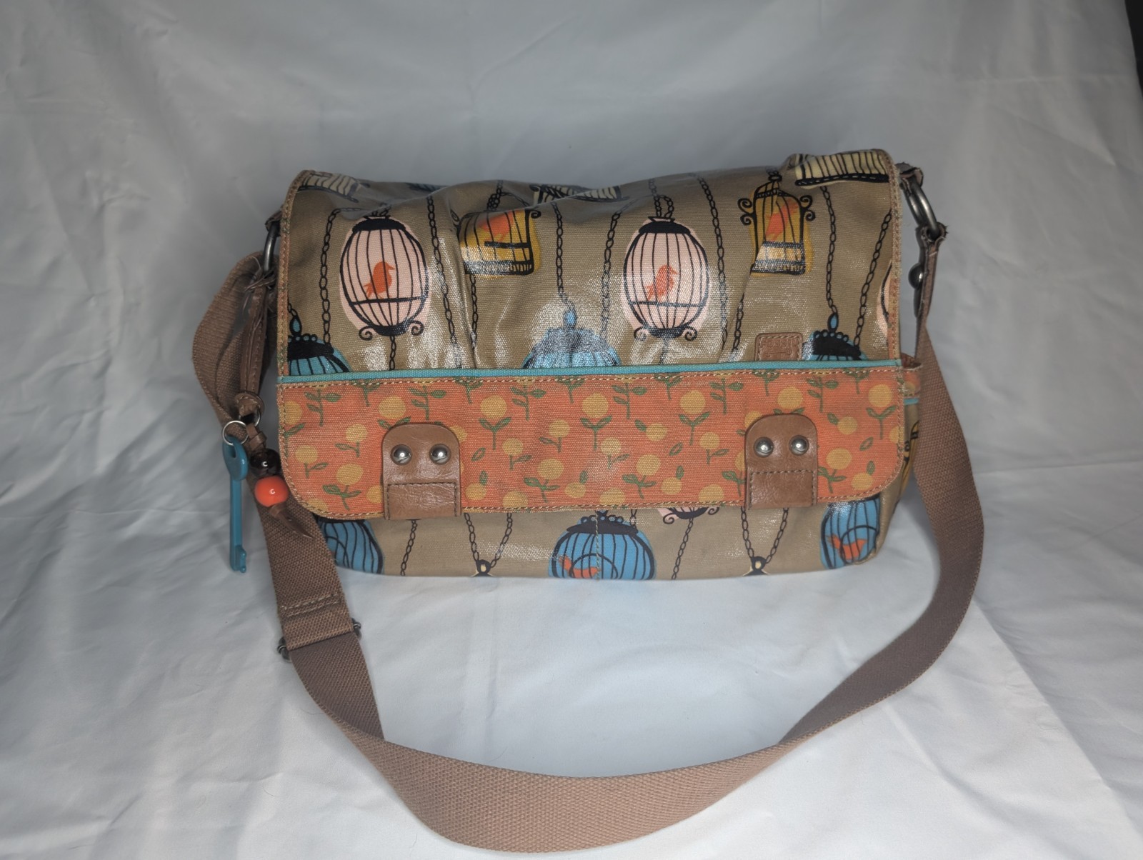 Fossil Key Birdcage Messenger Bag coated Canvas Women’s Crossbody Tote Read disc