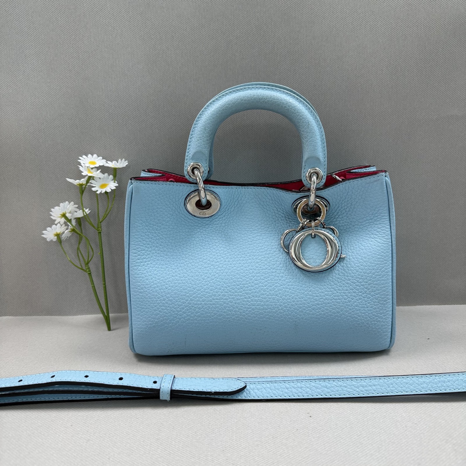 Dior Mini Lady Dior Handbag Crossbody Bag Baby Blue Pebble Leather Silver HDW