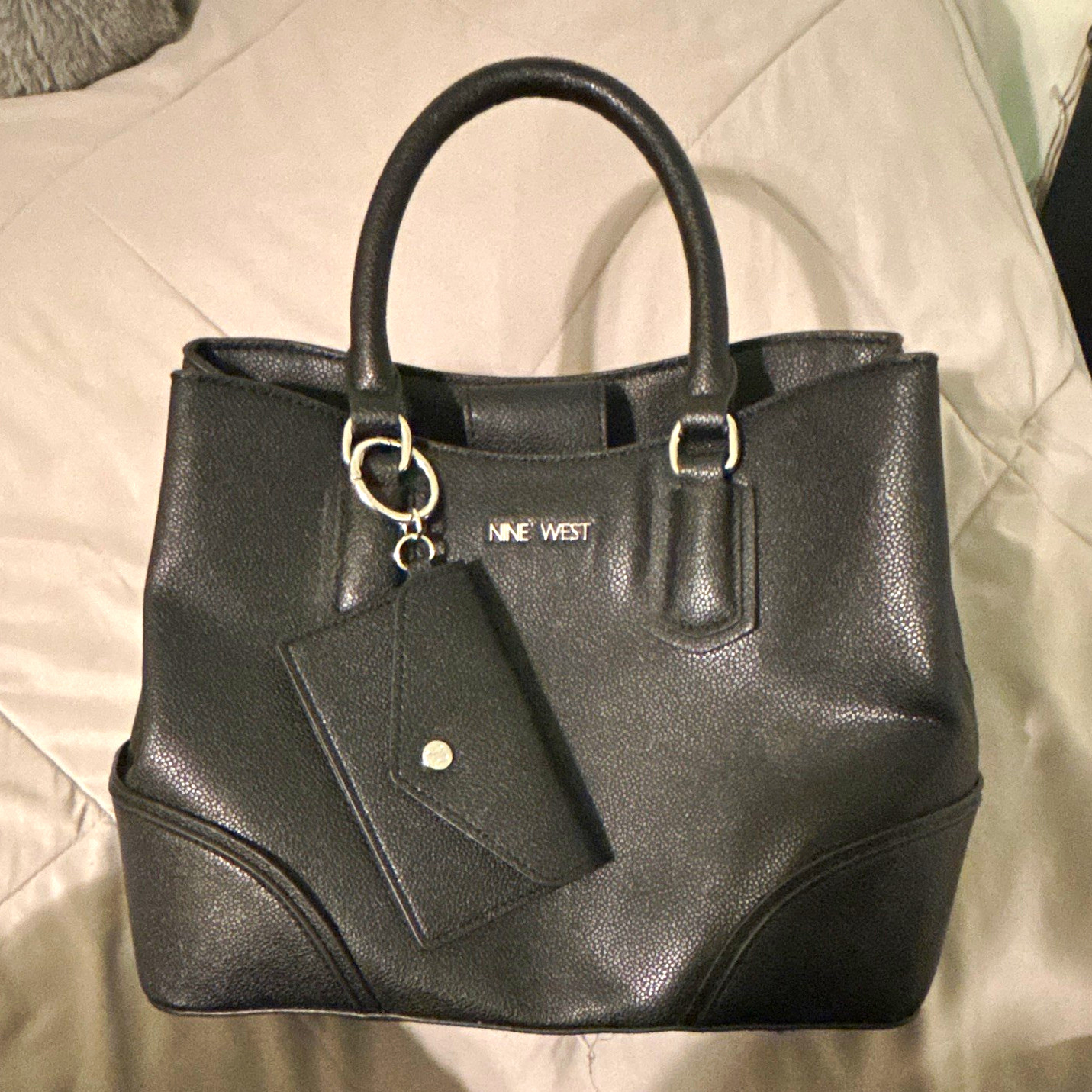 Nine West Women’s Black Pebbled Satchel Top Handle Snap/Zip Coin Purse Silver