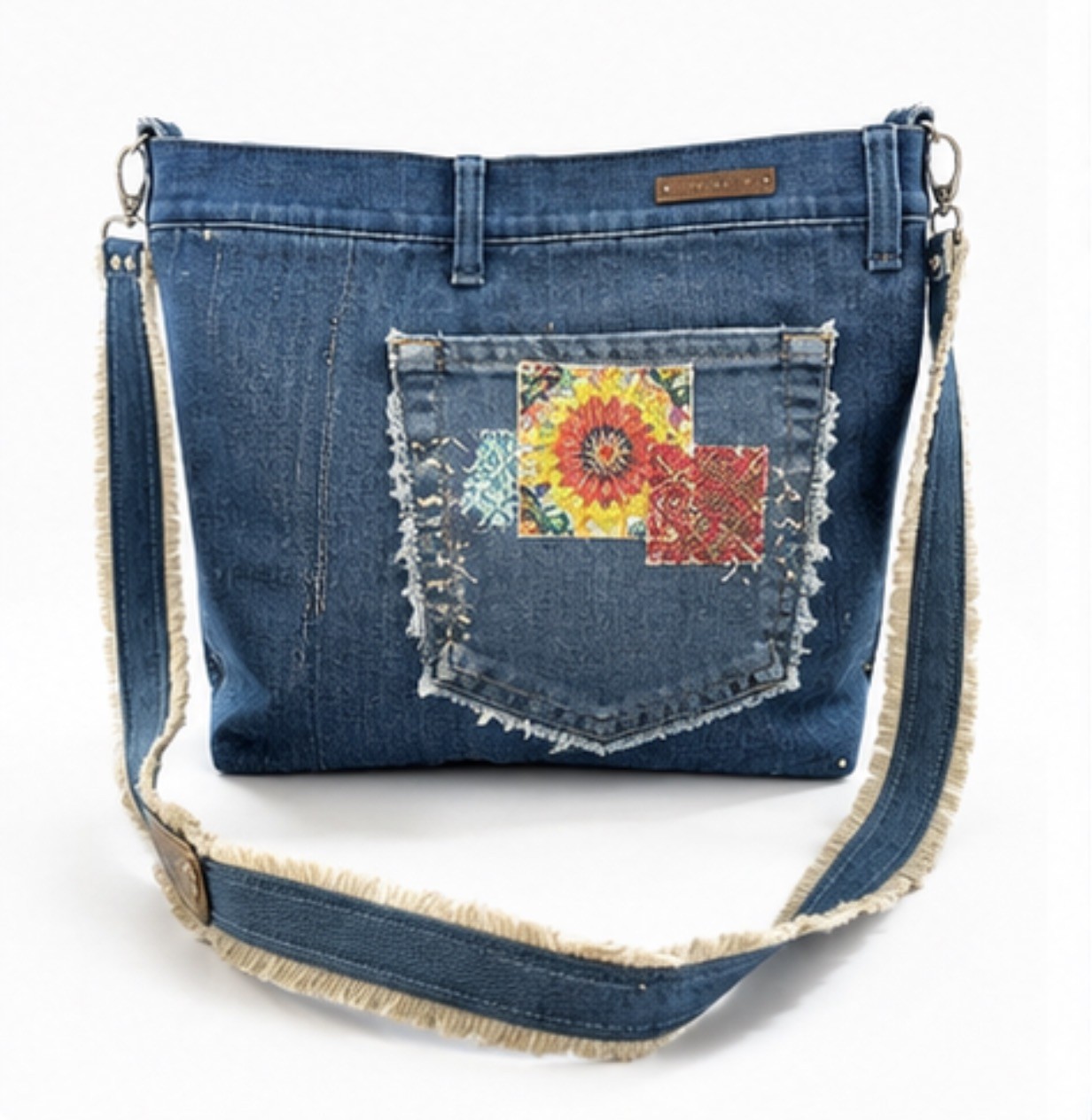 Denim Hand embroidery patchwork crossbody bag-Sashiko inspired one of a kind