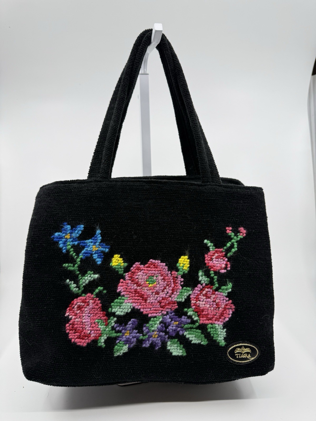 Tiara Floral Embroidered Shoulder Bag Black Chenille Tote Purse 3 Compartment