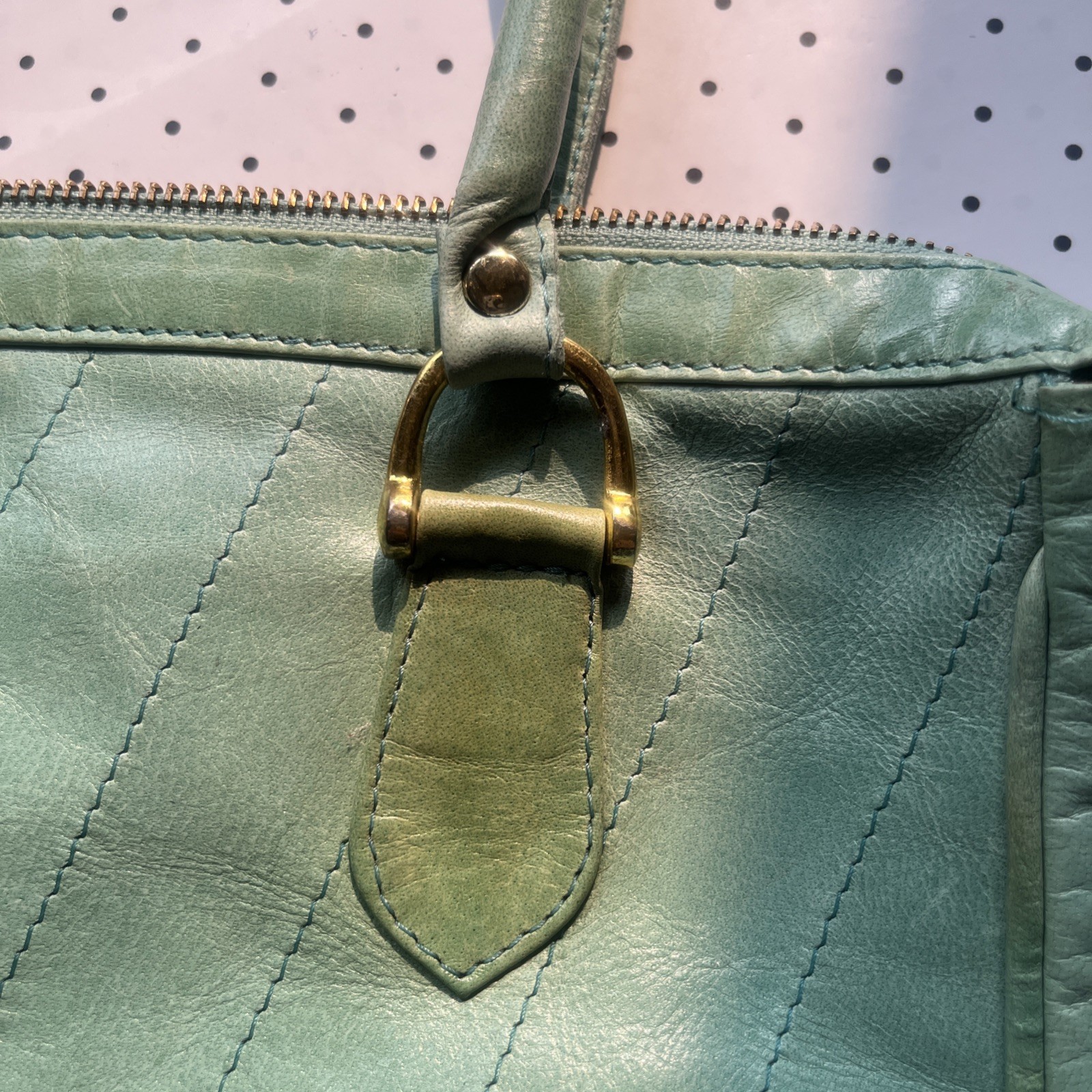 Vintage Mint Green Genuine Leather Satchel Purse Zip Top Brass Top Handle