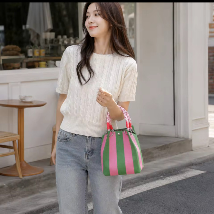 Korean Style Mini Knit Tote Bag Striped Crochet Bucket Handbag Women Shoulder