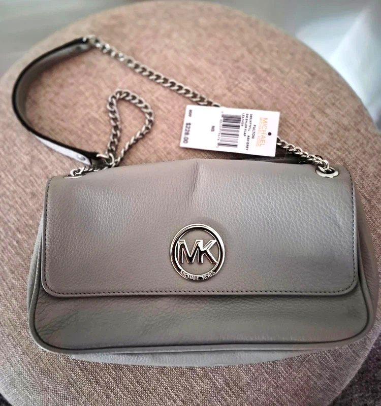 Michael Kors fulton small shoulder flap bag ash grey pebbled leather