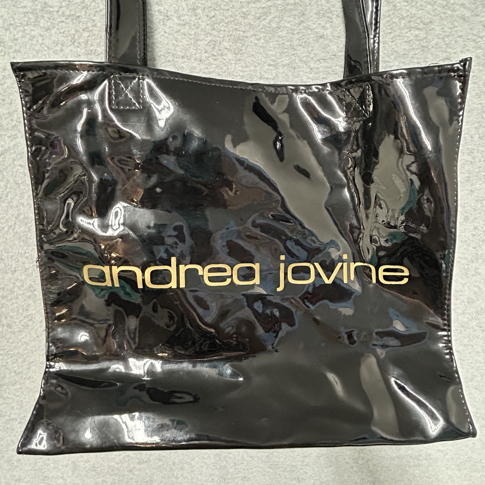 ANDREA JOVINE High Shine Black Tote Shoulder Bag Purse Glossy Lined