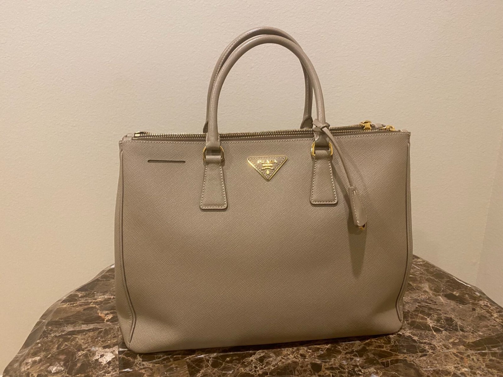 Prada Lux Double-Zip Galleria Saffiano Leather Large Beige Tote Bag