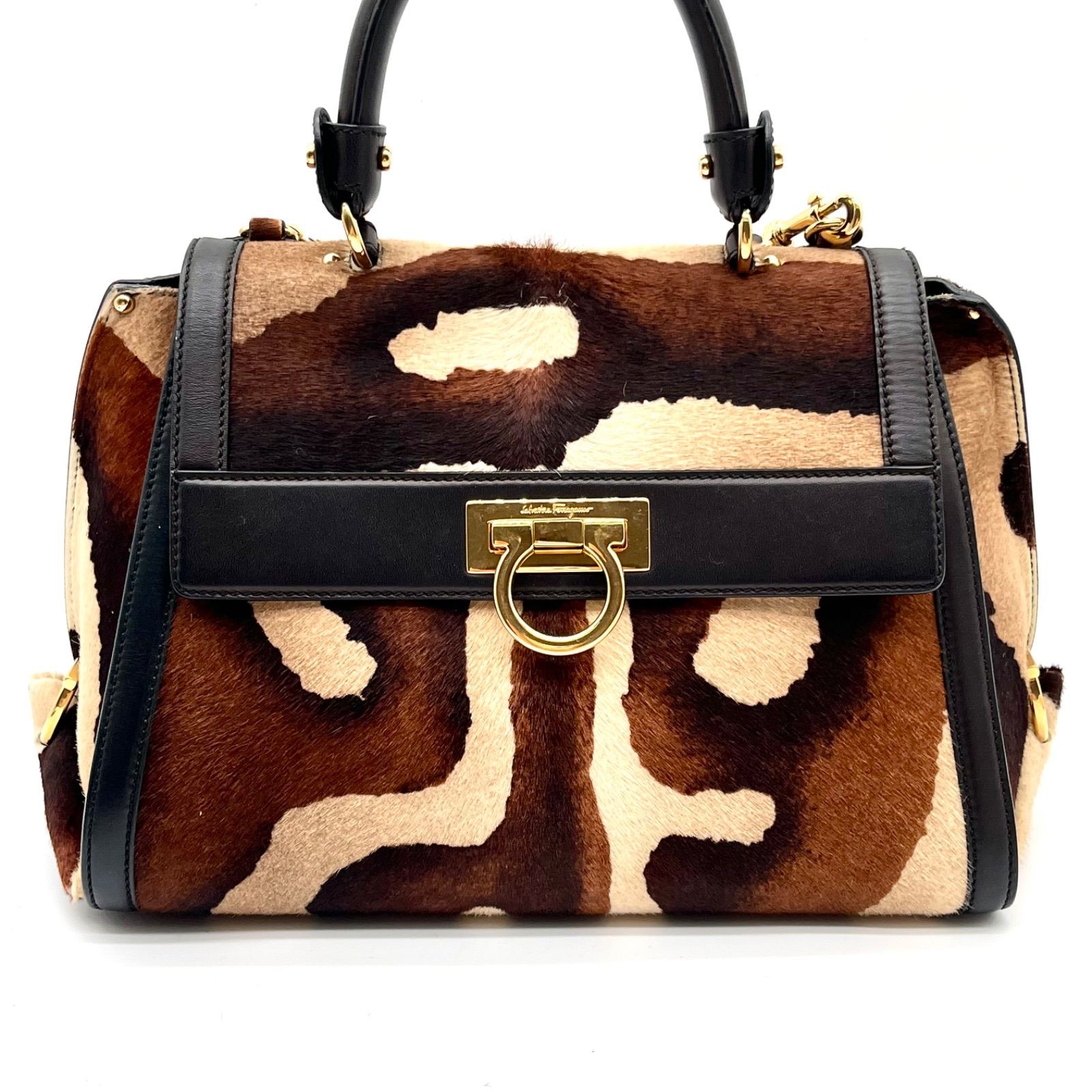 Auth Salvatore Ferragamo Sofia Gancini Pony Hair 2Way Handbag ShoulderBag 2Y9472