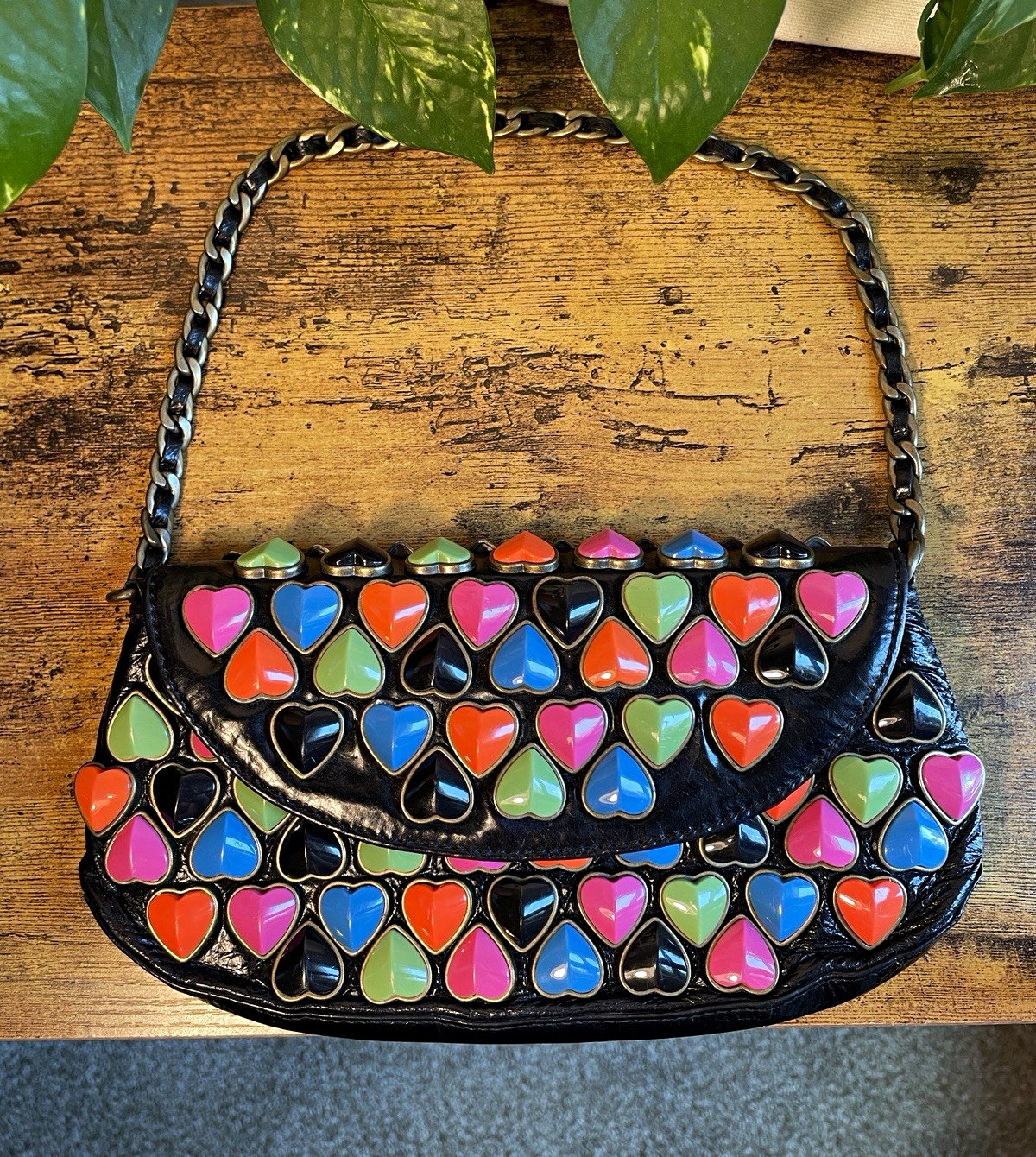 Vintage Betsey Johnson Black Leather Candy Hearts Shoulder Bag