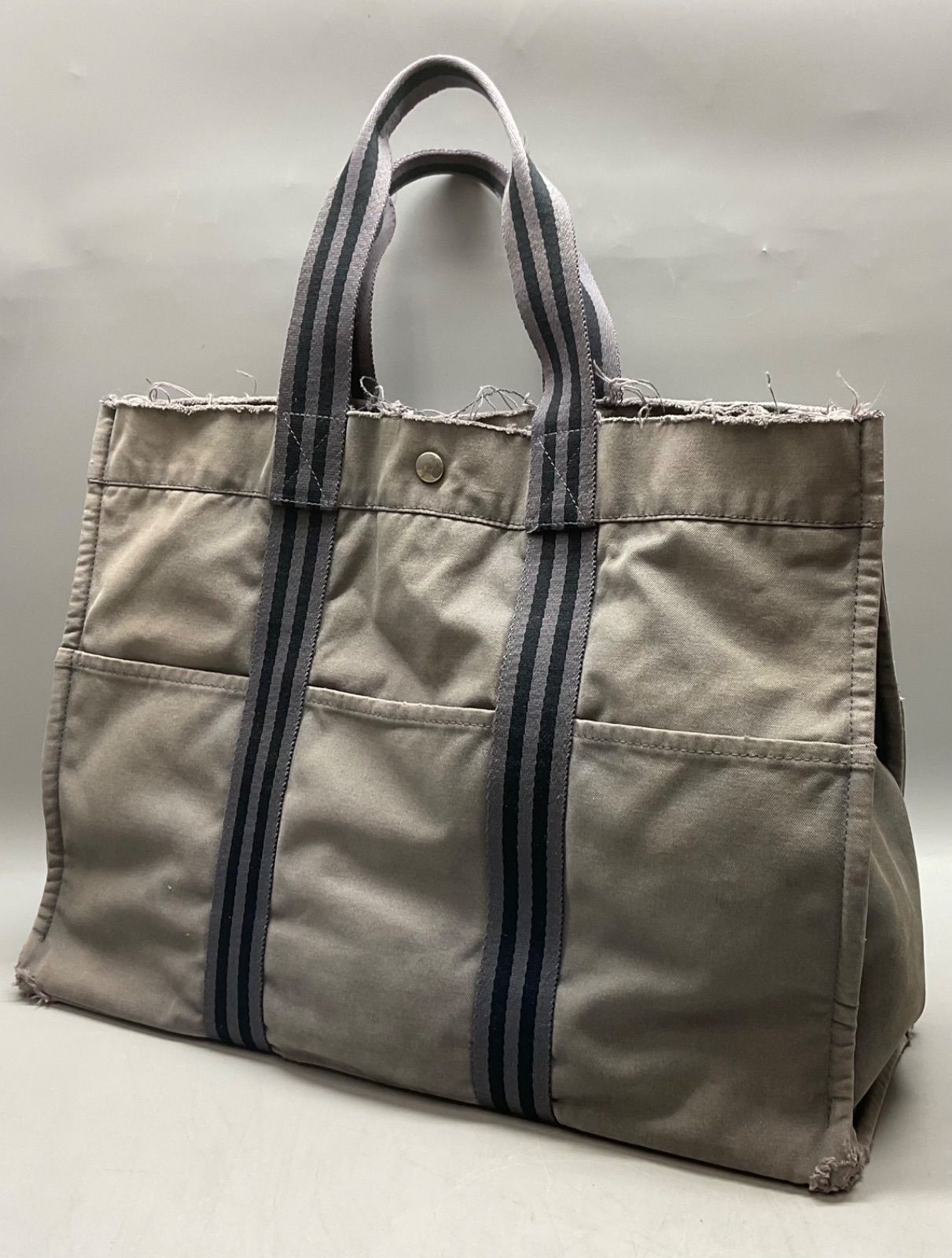 Authentic Hermes Fourre Tout GM Canvas Tote Bag Gray Greige Used Hand Bag
