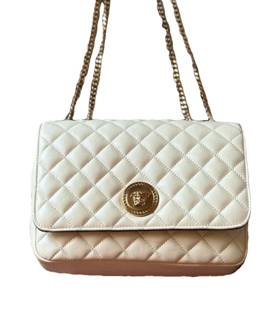Versace La Medusa Quilted Leather Shoulder Crossbody Bag White Gold Chain NWT