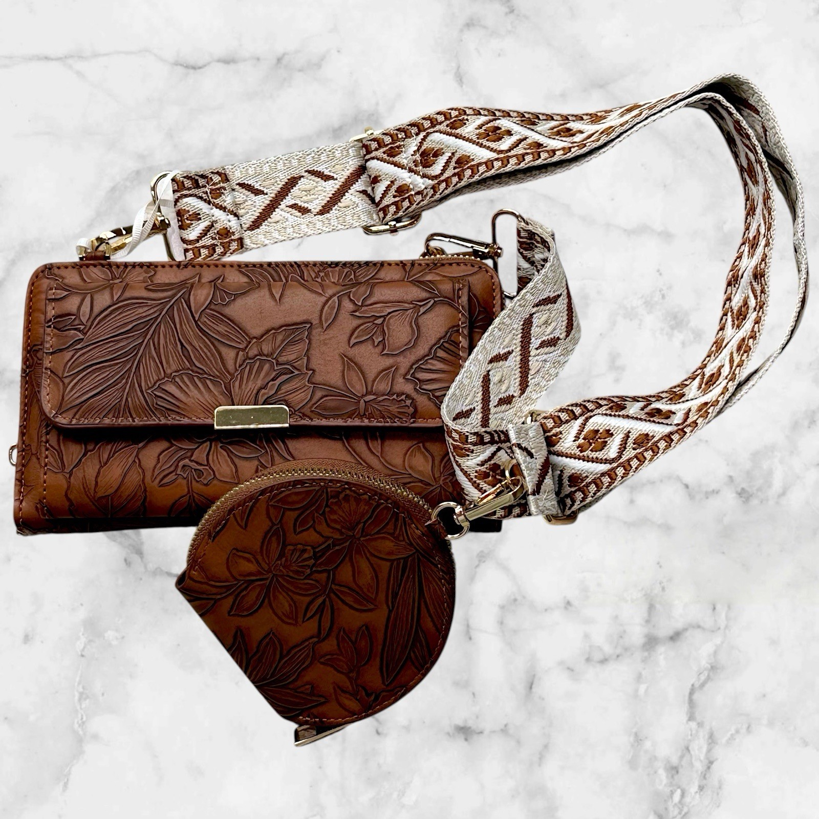 Allyssa Floral Embossed Crossbody Wallet Brown Vegan Leather Purse Coin Pouch