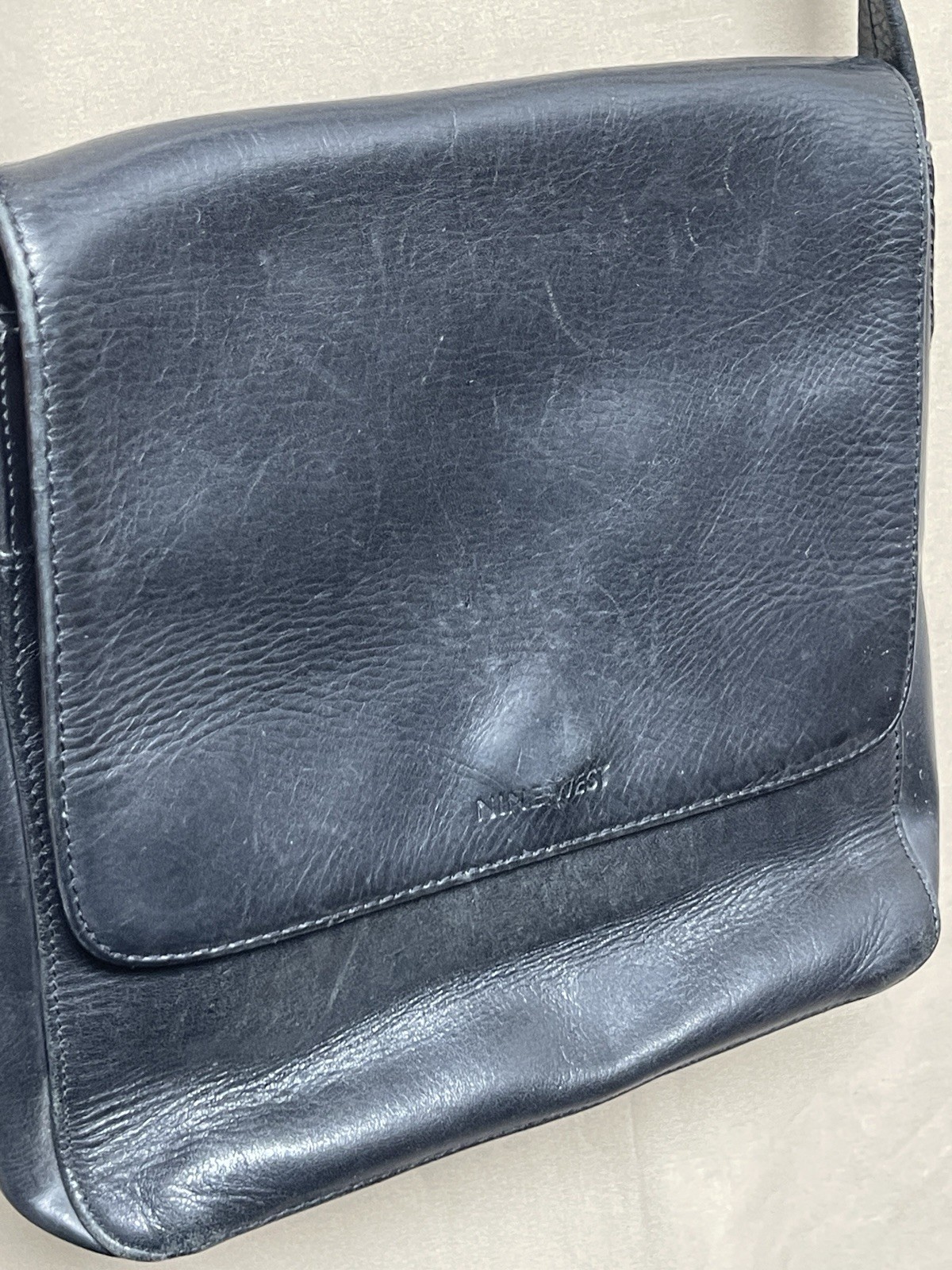 Nine West Black Glaze Genuine Leather Flap Crossbody/Shoulder Bag Handbag Purse