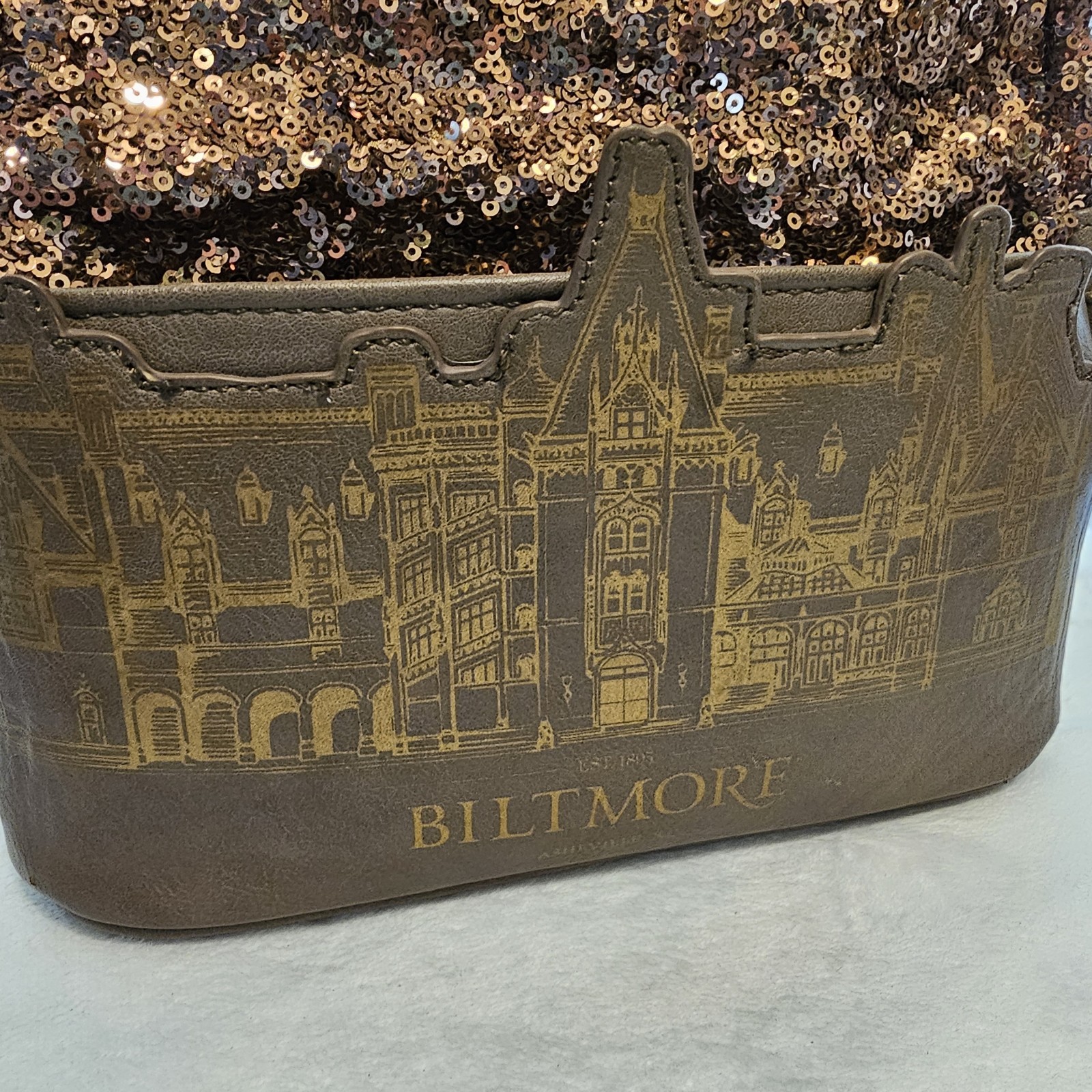 Loungefly Biltmore Brown Sequin Backpack Gold Hardware Bag Charm 10×9.5x5in EUC