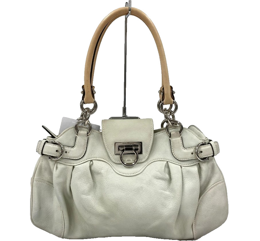 Salvatore Ferragamo Gancini Shoulder Bag Handbag Leather White With Brand Card