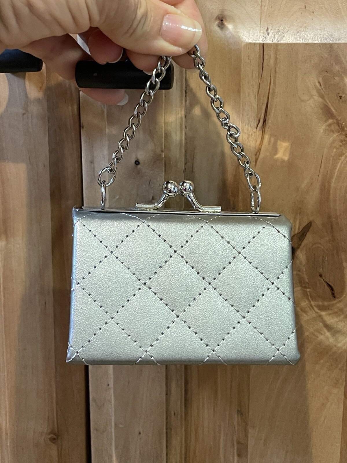 Pewter Quilted Mini Framed Snap Lock Chain Strap Handbag NWOT