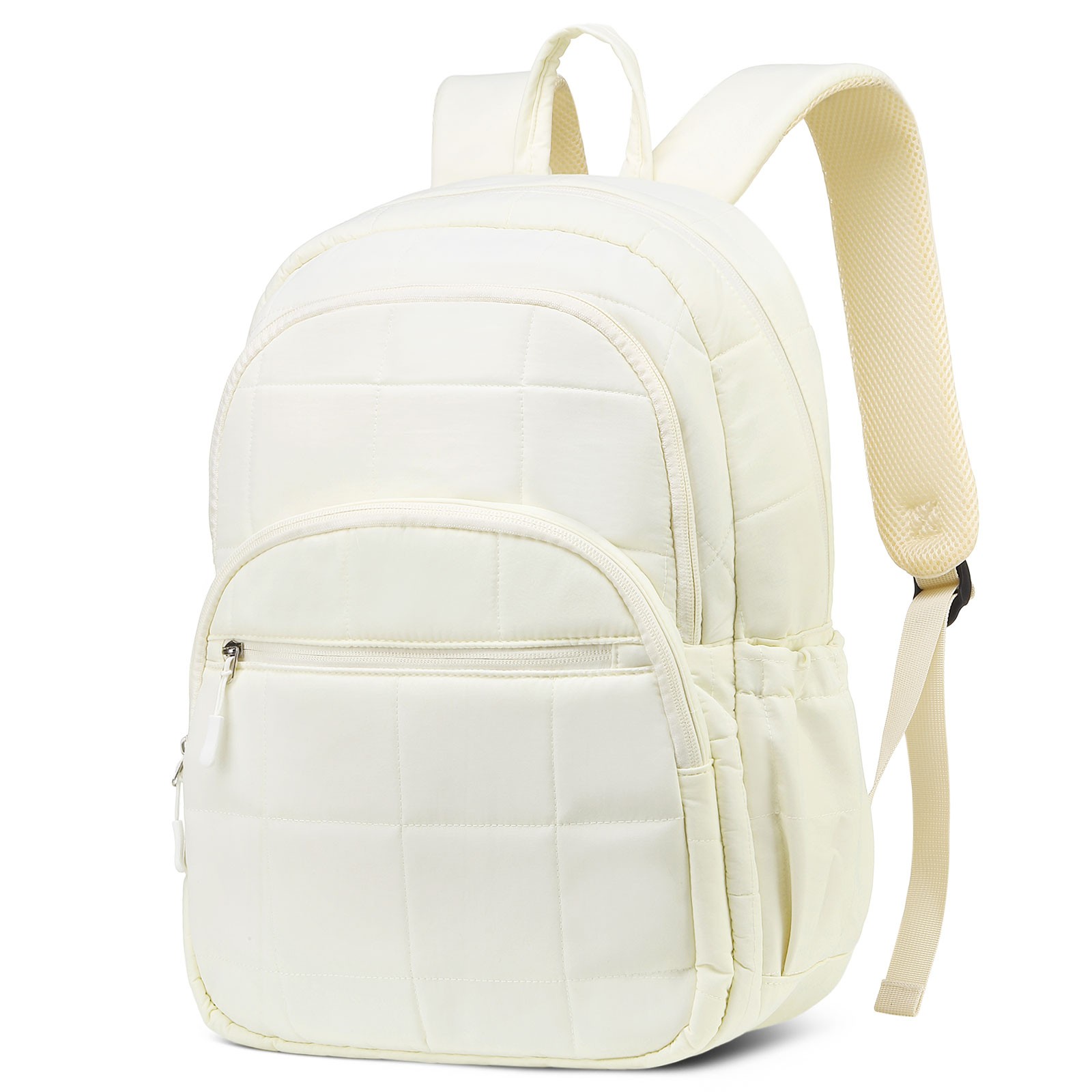 Quilted Laptop Backpack for 15.6 Inch Laptop Travel Bag with Luggage Strap Beige