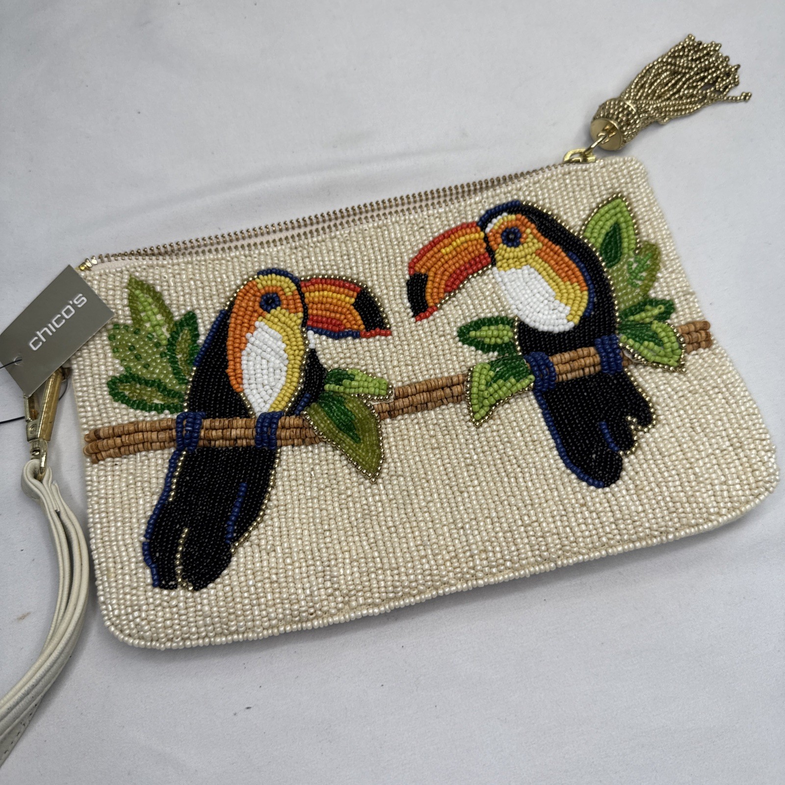 CHICO’S BEADED CLUTCH WRISTLET Toucan Bird Design w/ Beaded Tassel STUNNING! NWT
